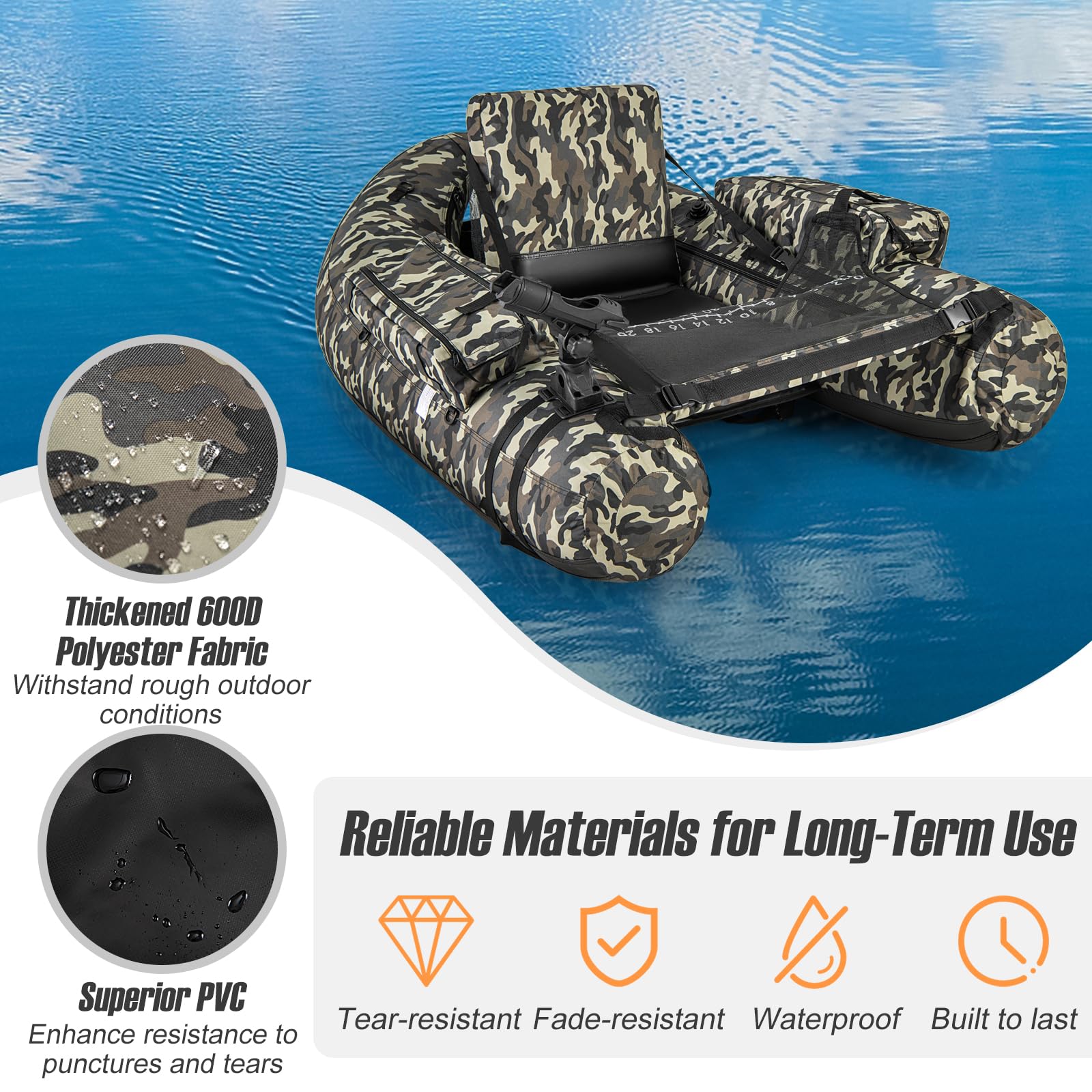 GYMAX 350lbs Inflatable Fishing Float Tube with Fish Ruler, Rod Holder, Pump & Accessories - Portable Belly Boat for Anglers with Adjustable Straps & Storage Backpack - Perfect for Lake, River and Fly Fishing Adventures