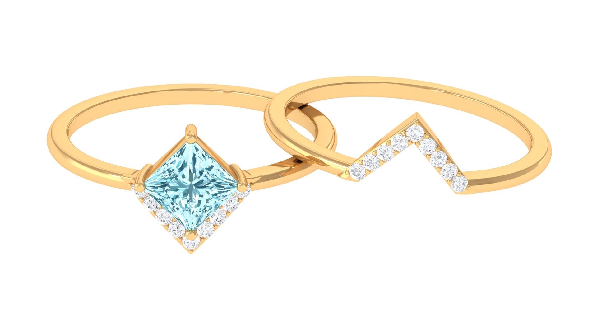 14K Solid Gold Aquamarine and Diamond Wedding Ring Set - Princess Cut Aquamarine Engagement Ring with Minimalist Design for Brides, Anniversary Gift, Proposal Jewelry | Perfect for Beach Weddings, Romantic Proposals & Special Occasions