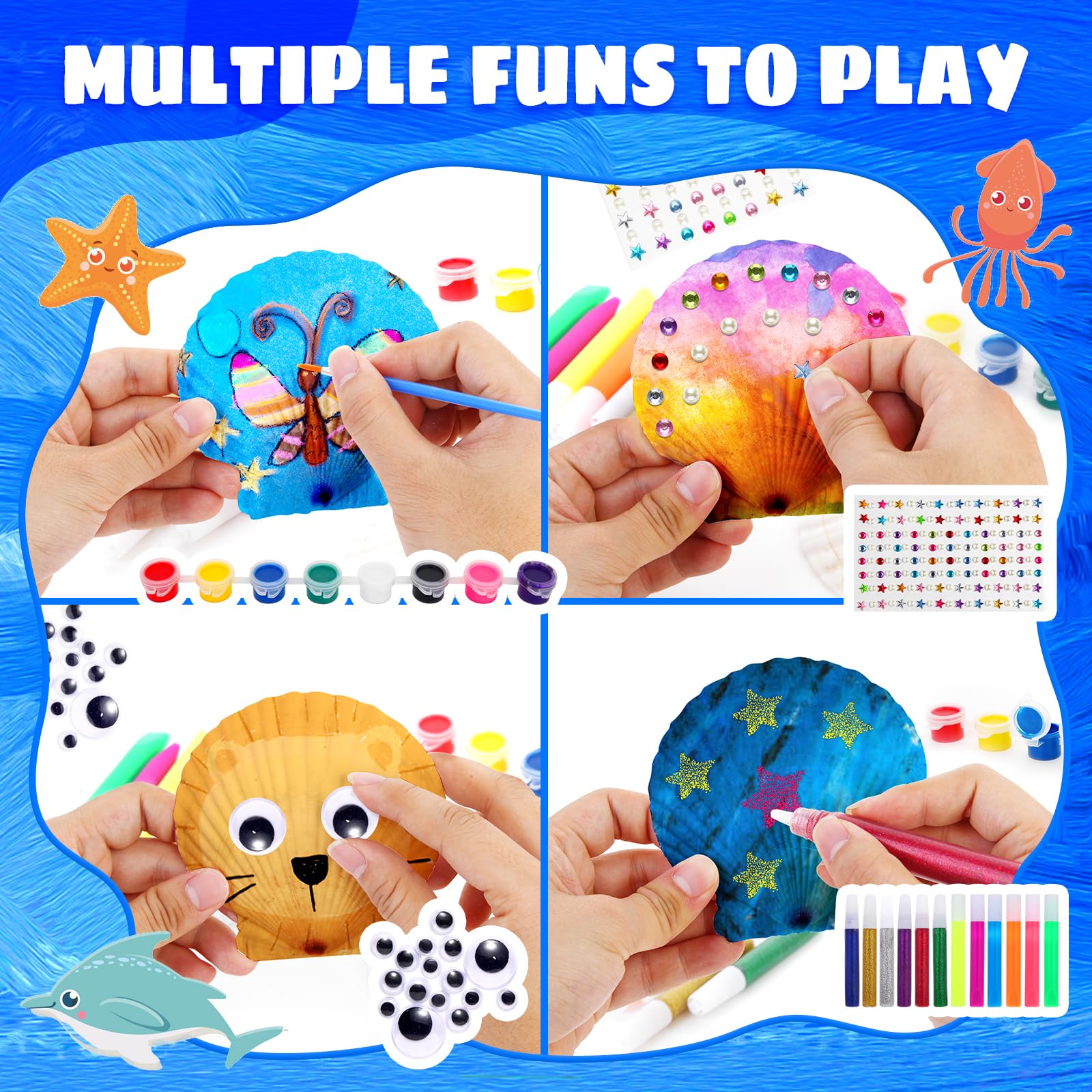 Kebuye Sea Shell Painting Kit for Kids - 12 Shells, 8 Paints & 6 Clay DIY Art Craft Set - Creative Gift for Boys & Girls Ages 4-12 - Perfect for Birthday, Summer Camp & Family Bonding Activities