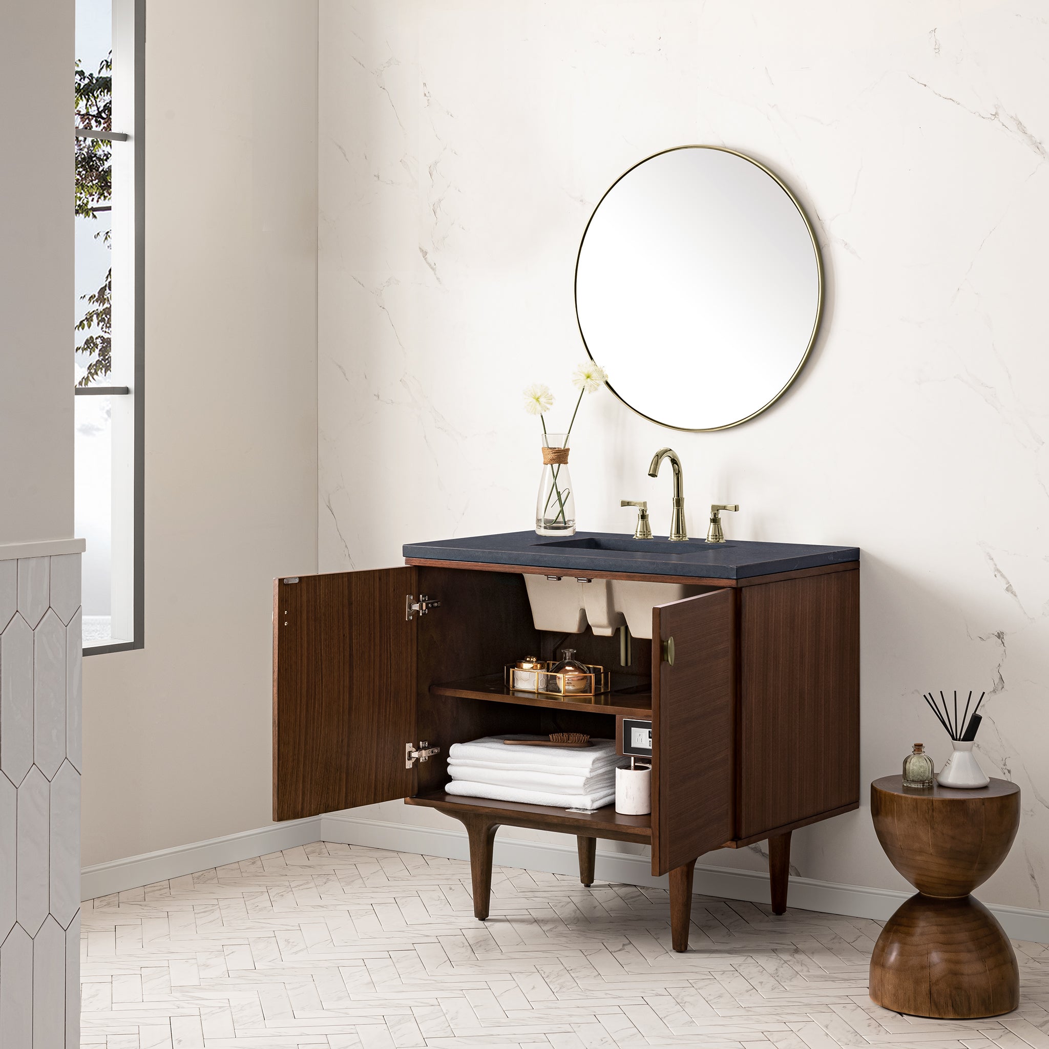 Amberly 36 Inch Single Bathroom Vanity - Mid Century Modern Walnut Wood Vanity with Sink for Small Bathrooms & Powder Rooms