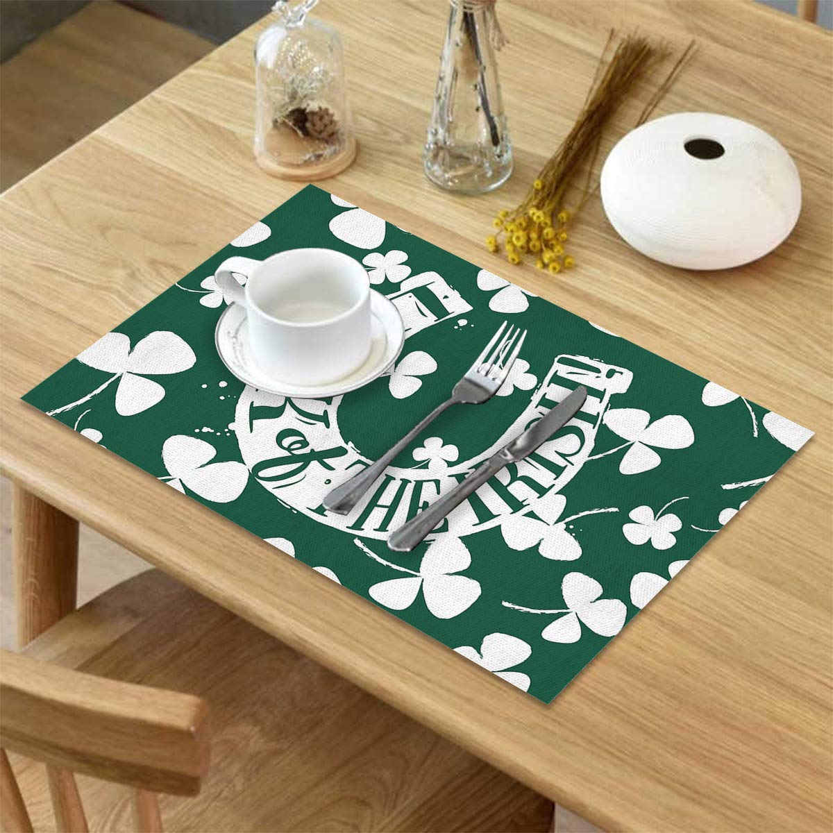 Set of 6 St. Patrick's Day Hand-Painted Horseshoe Clover Burlap Placemats - Heat Resistant & Washable Round Table Mats for Dining, Patio, and Outdoor Use - Perfect for Irish-Themed Parties, Home Decor, and Holiday Gatherings
