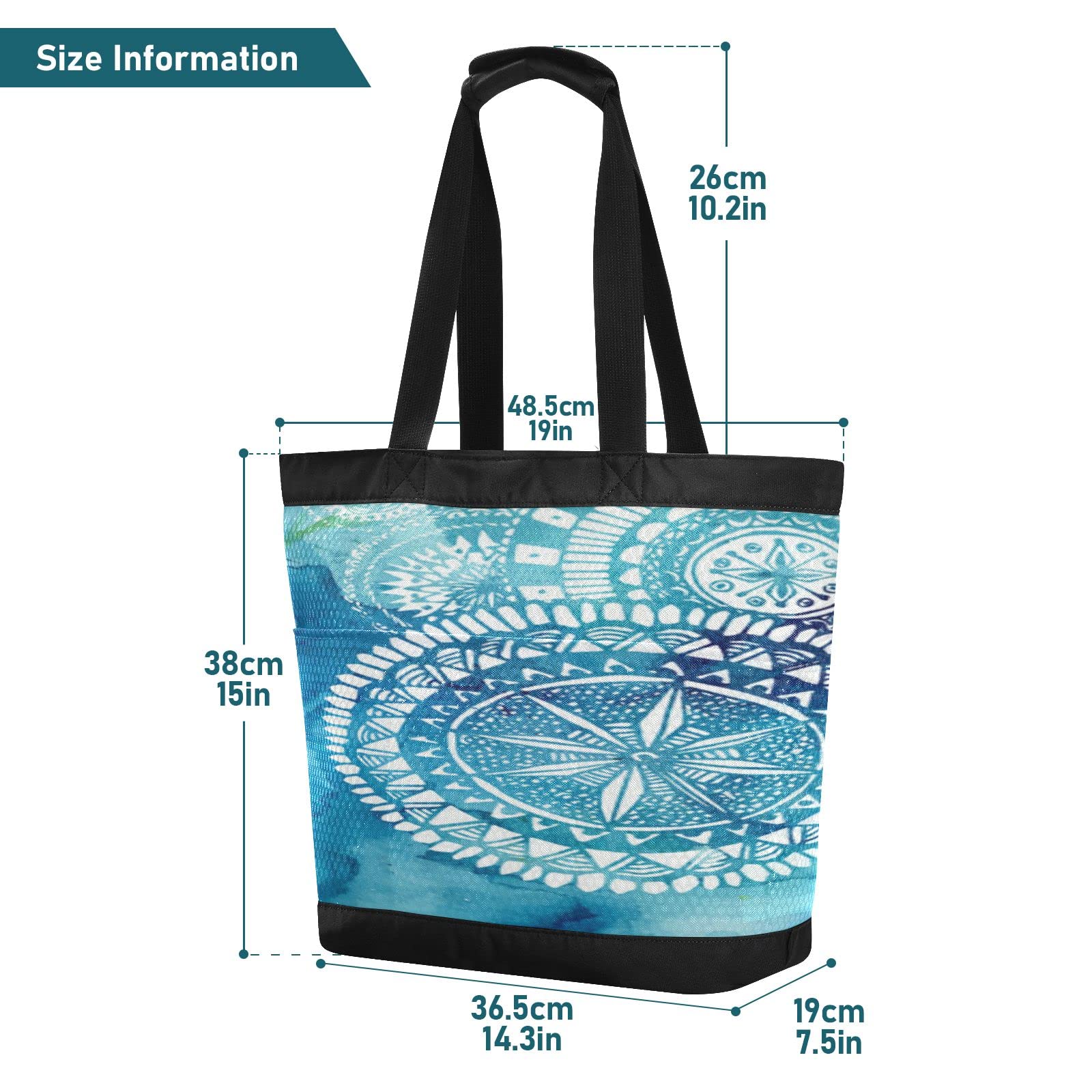 J JOYSAY Blue Watercolor Mandala Mesh Beach Tote Bag - Large Water Resistant Women's Beach Bag for Pool, Picnic & Travel | Perfect for Carrying Swimsuits, Towels & Summer Essentials