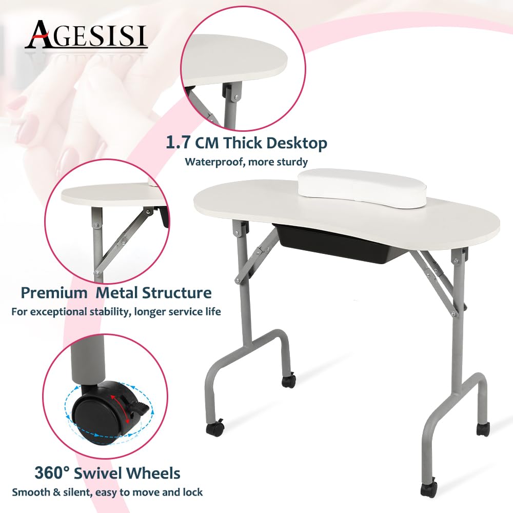 Portable Foldable Manicure Table with Large Drawer - 36 Inch White Nail Tech Station for Salon Professionals | Includes Wrist Cushion, Carry Bag & 4 Lockable Wheels | Perfect for Home Salons, Mobile Nail Technicians & Spa Treatments