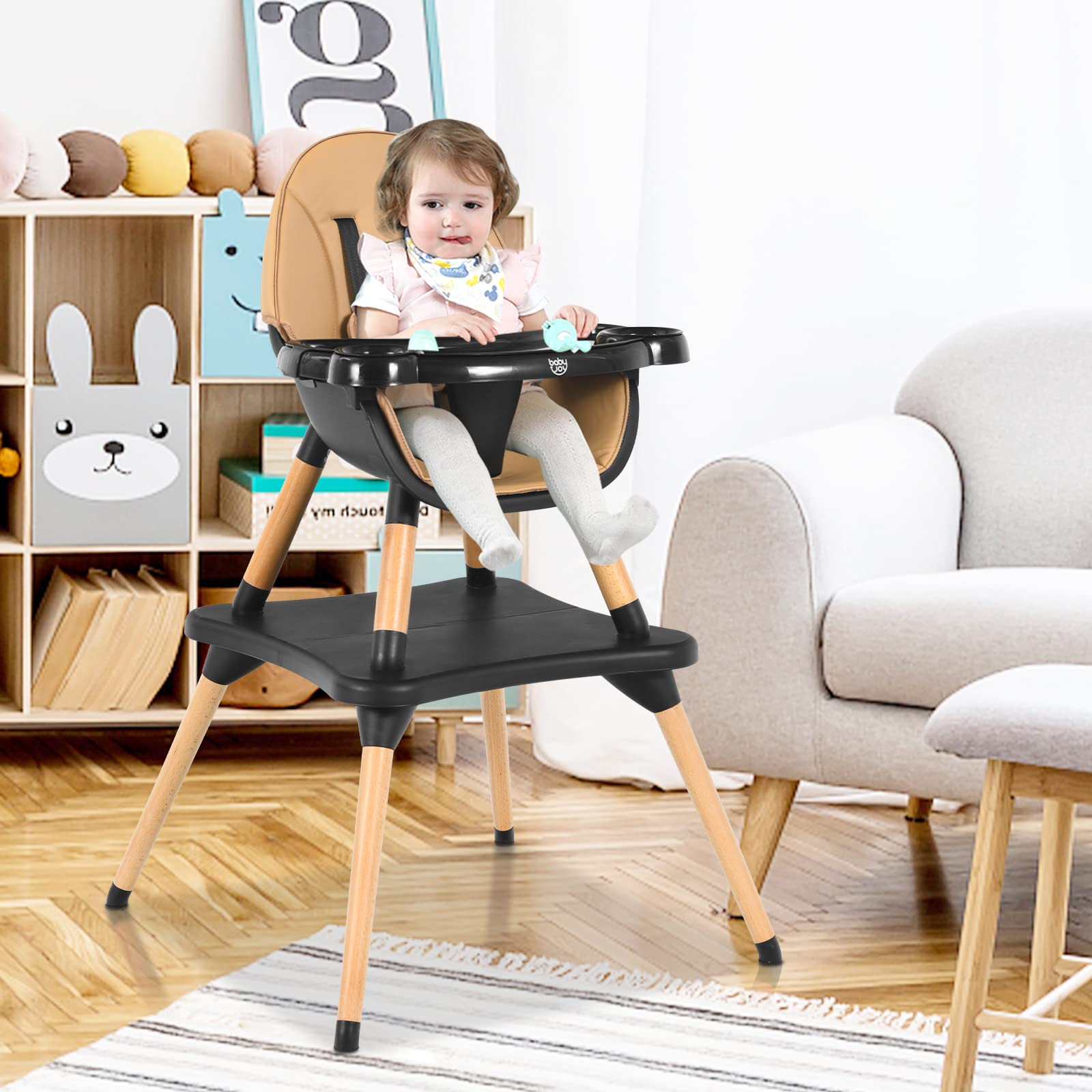 INFANS 5-in-1 Convertible Baby High Chair with Safety Harness - Adjustable Wooden Booster Seat & Toddler Dining Chair with Removable Tray & Easy-Clean Cushion - Perfect for Feeding, Playtime & Learning (Brown)