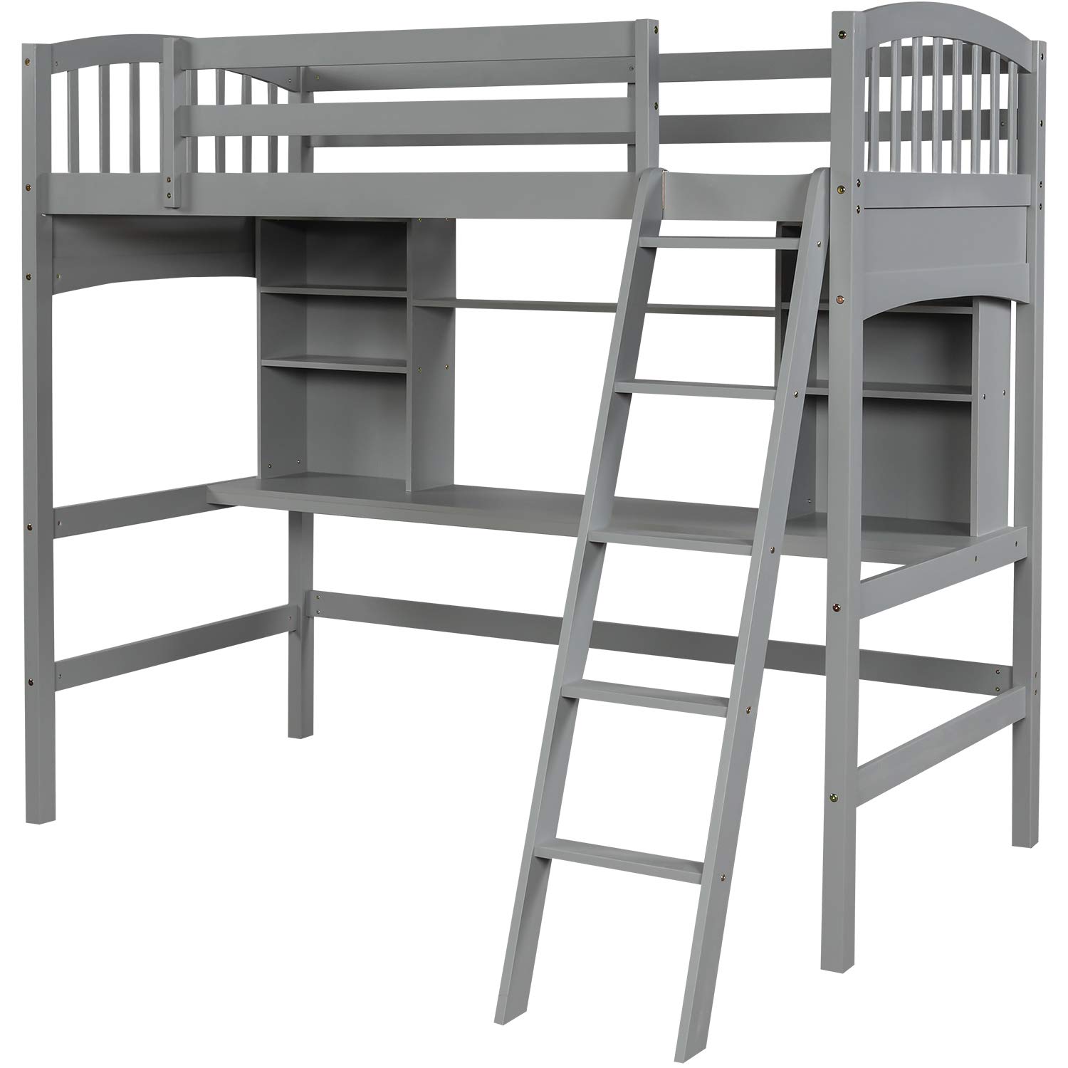 Merax Twin Loft Bed with Desk - Solid Wood Twin Size Loft Bed Frame with Shelves, Study & Storage Space - Perfect for Small Bedrooms, Kids Rooms & Dorm Rooms (Grey)