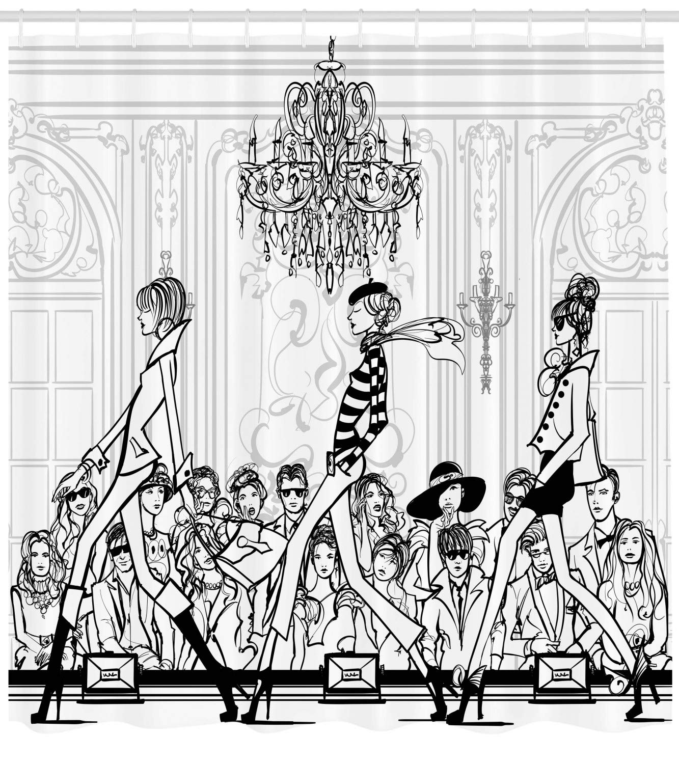Ambesonne Fashion Shower Curtain - Catwalk Mannequins & Supermodel Crowd Illustration - 69x70 Inch Cloth Fabric Bathroom Decor with Hooks - Ecru Black - Perfect for Modern Bathroom & Fashion-Themed Home Decor