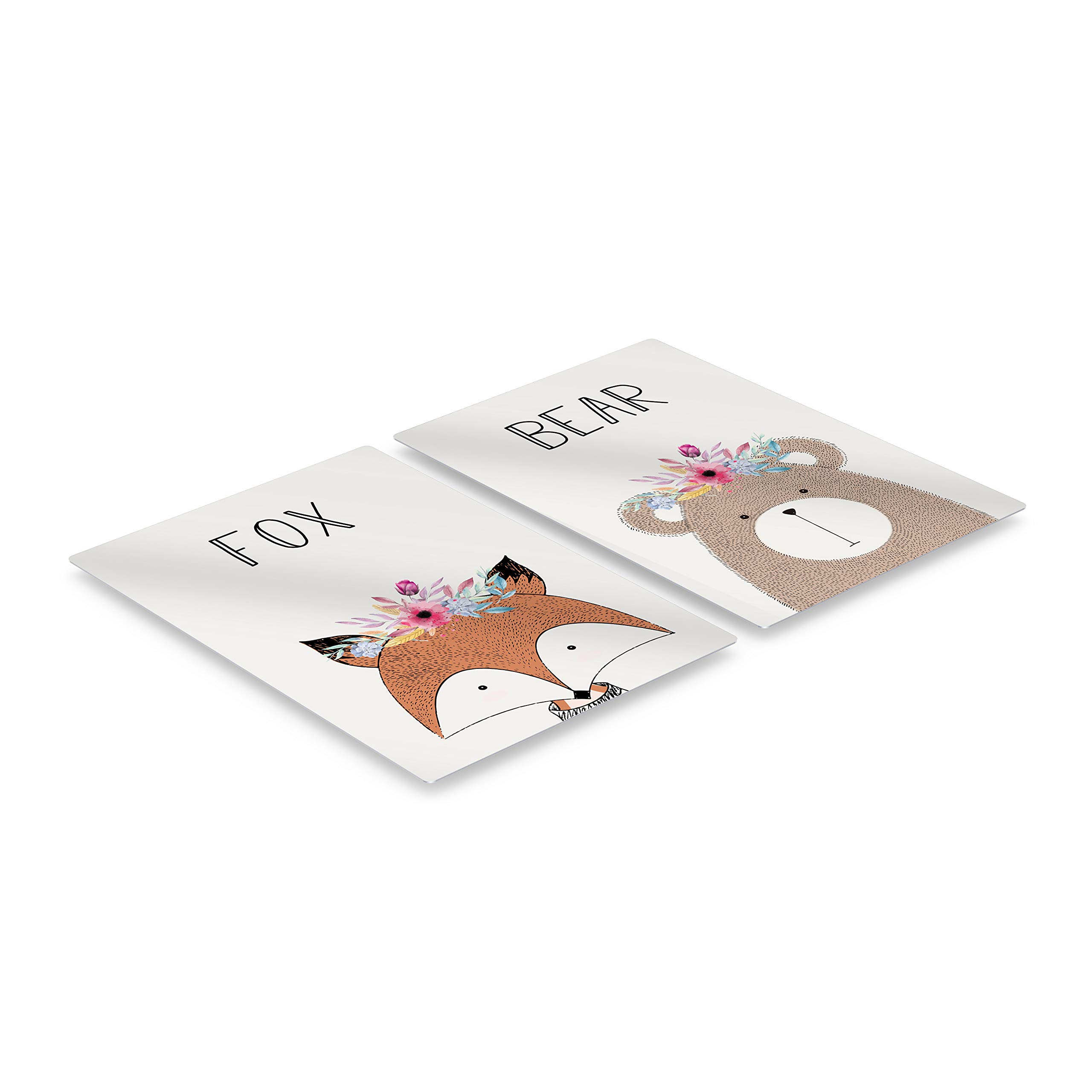 Cute Fox Bear Flower Headpiece Wall Art - 2 Panel Metal Print Set for Nursery & Kids Room Decor - Handmade in USA (40x30 inches) - Perfect for Baby Girl & Boy Bedrooms, Playrooms & Birthday Gifts