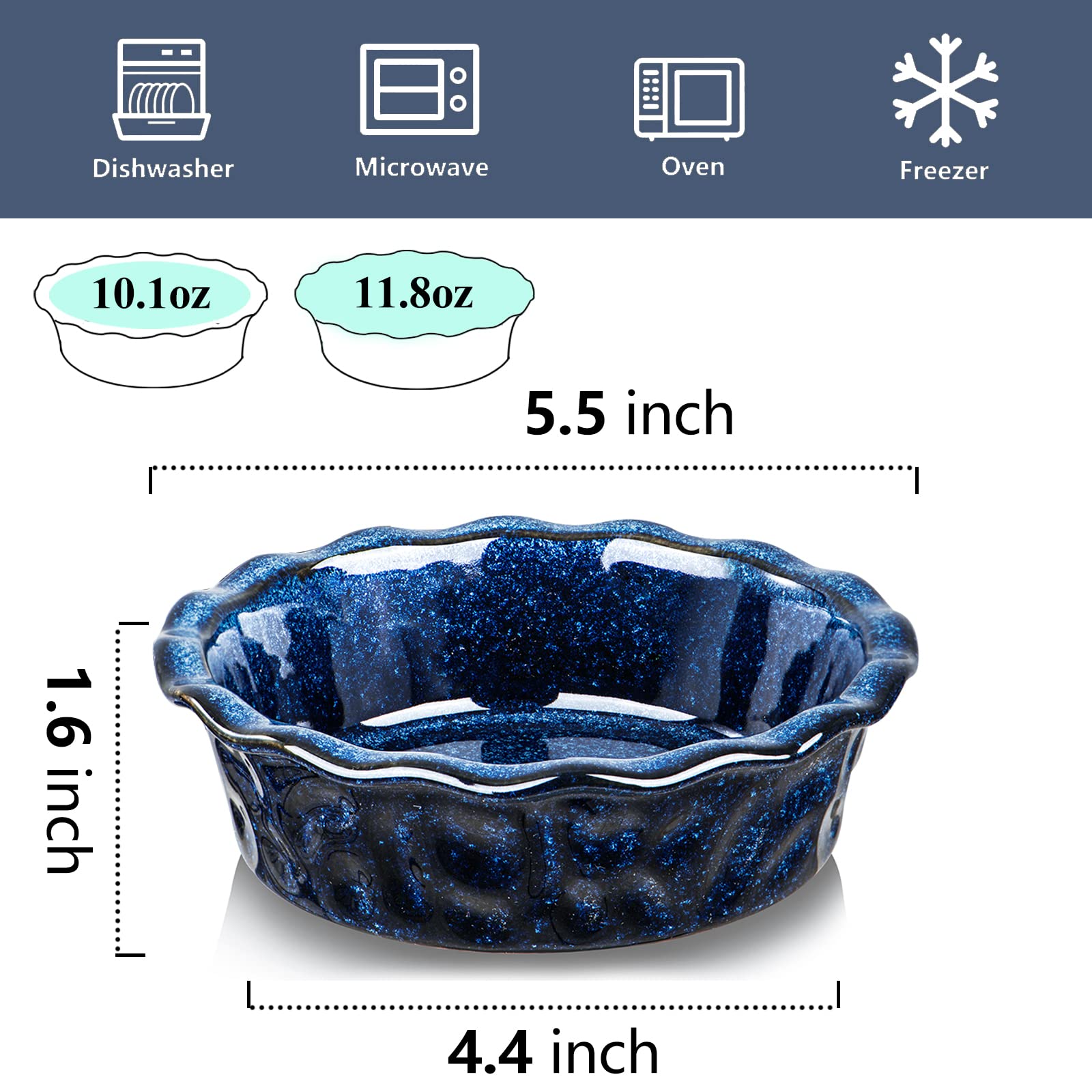 Vicrays 5.5 Inch Ceramic Pie Pan Set of 6 - Deep Dish Round Baking Dish for Apple Pie, Cake, Tart, Pizza - Microwave & Oven Safe Mini Serving Bowls - Perfect for Desserts, Pot Pies & Casseroles - Blue