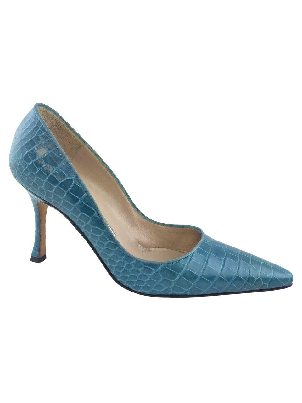 Manolo Blahnik BB Crocodile Leather Pumps Women's Size 7 (IT37) - Elegant Pointed Toe Heels for Weddings & Evening Events