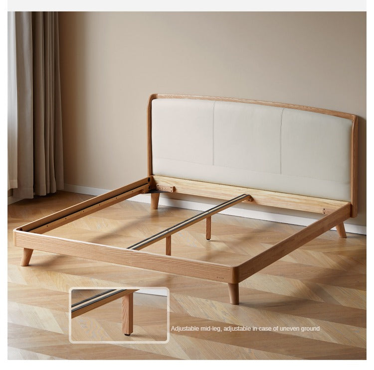 Premium Solid Oak Wood Bed Frame with Genuine Leather Headboard & Tech Fabric Upholstery - Modern Bedroom Furniture for Master Suite, Guest Room, or Apartment