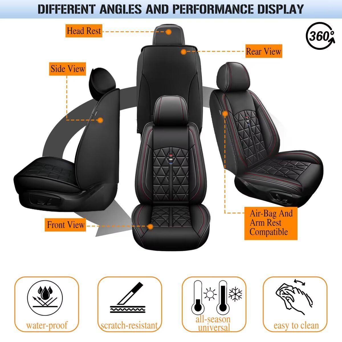 Premium Leather Waterproof Front Seat Covers for Jeep Cherokee 2014-2025 - Black Car Seat Protectors (2-Piece Set) | Perfect for Off-Roading, Daily Commutes & Pet-Friendly Vehicles