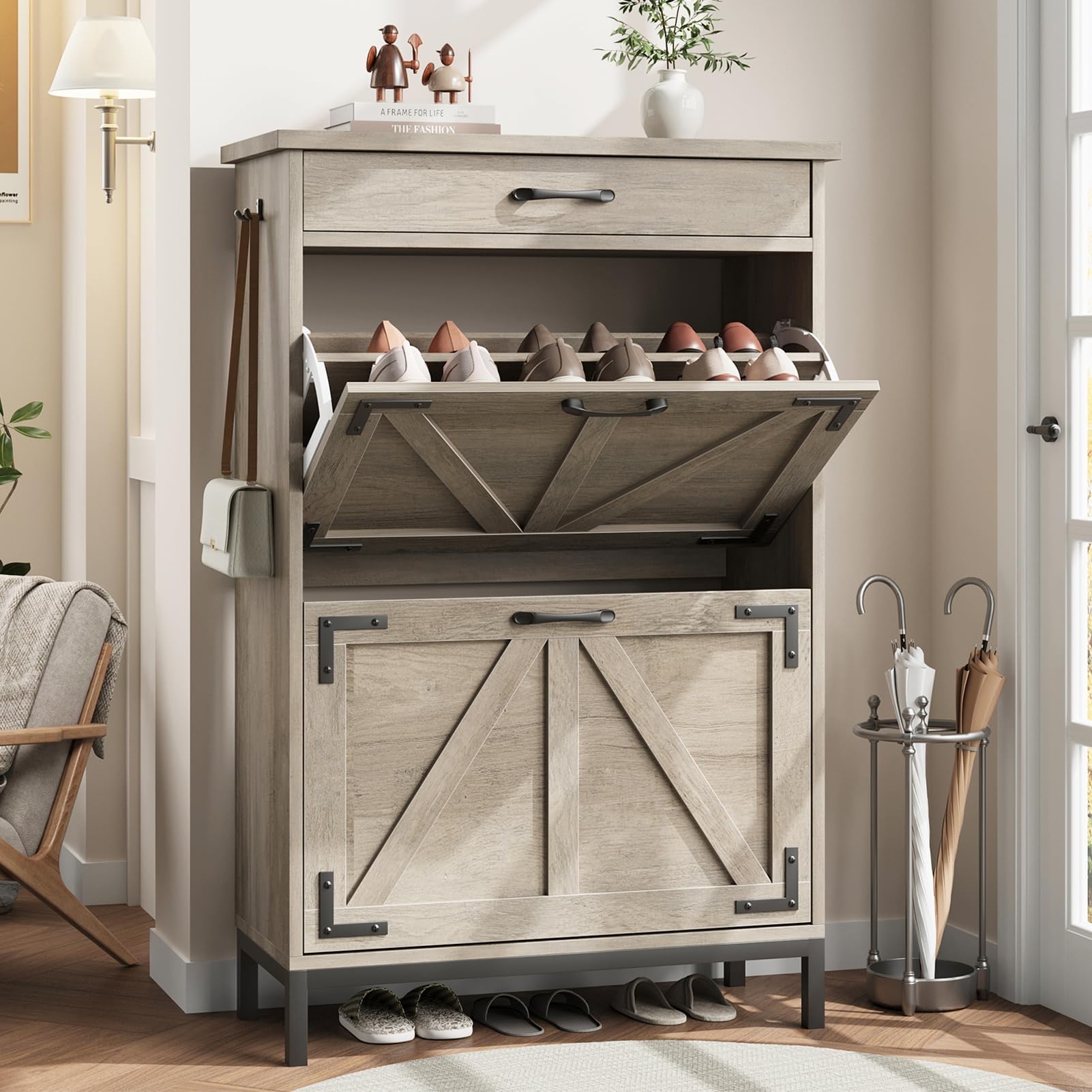 Farmhouse Style Shoe Storage Cabinet - Narrow Entryway Shoe Organizer with 2 Flip Drawers, Free Standing Slim Shoe Rack for Hallway, Foyer, Living Room - Perfect for Small Spaces & Home Organization (Grey)