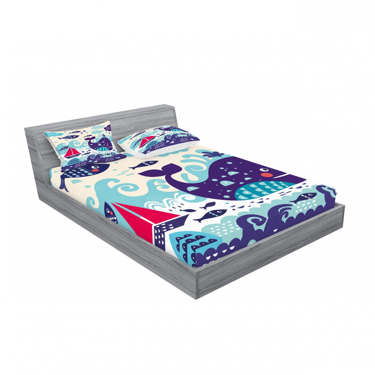 Ambesonne 2-Pack King Size Fitted Sheet & Pillow Sham Set - Whale and Fish Cartoon Design, 4-Piece Bedding Set in Purple | Soft Microfiber Sheets for Kids Room, Guest Bedroom & Coastal Themed Decor