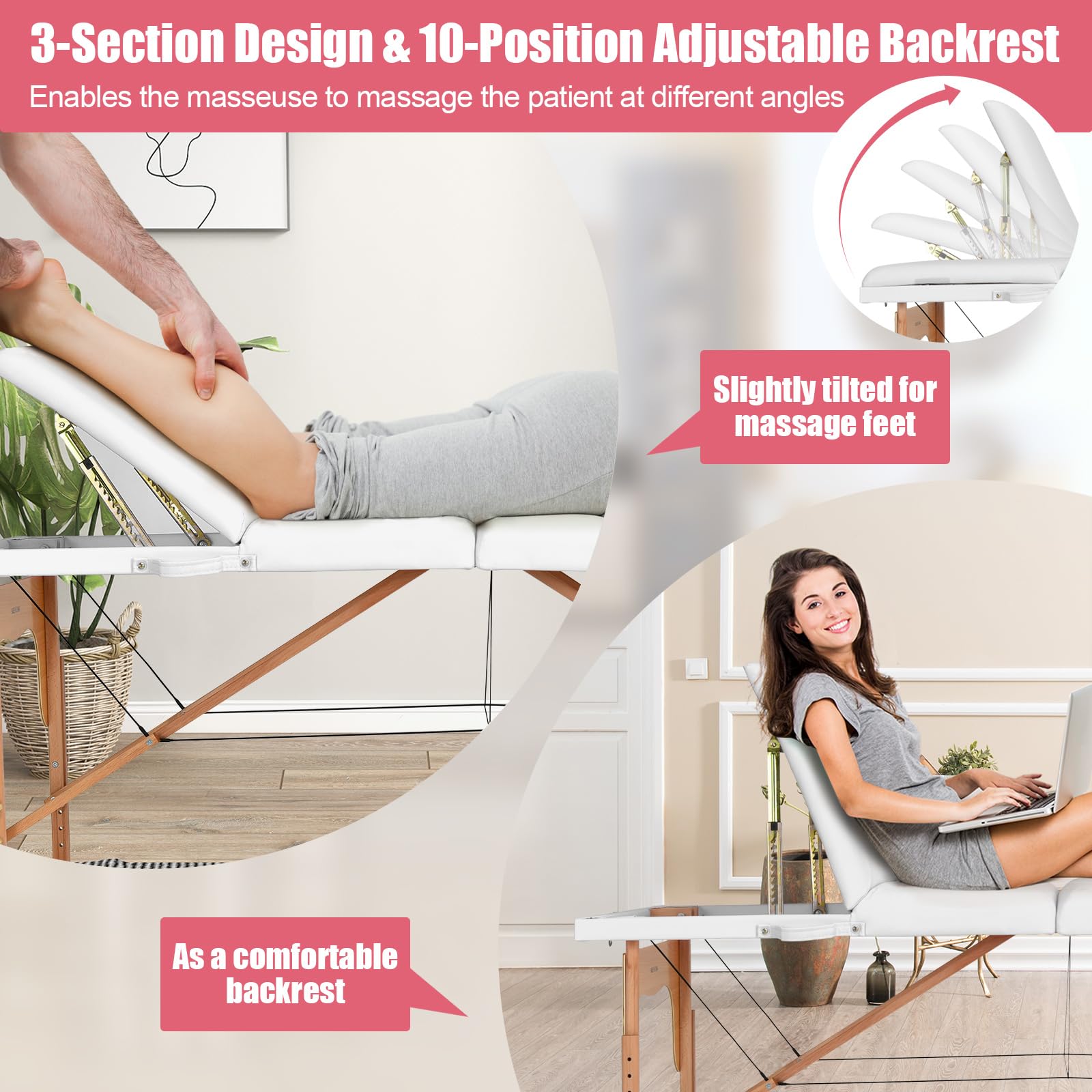 Giantex 84 Inch Folding Massage Table - Portable 3-Section Spa Salon Tattoo Bed with Face Cradle & Armrests, Adjustable Height Professional Massage Bed with Wooden Legs & Carry Case (White) - Perfect for Massage Therapy, Lash Extensions, Tattoo Parlors & Home Spa Use