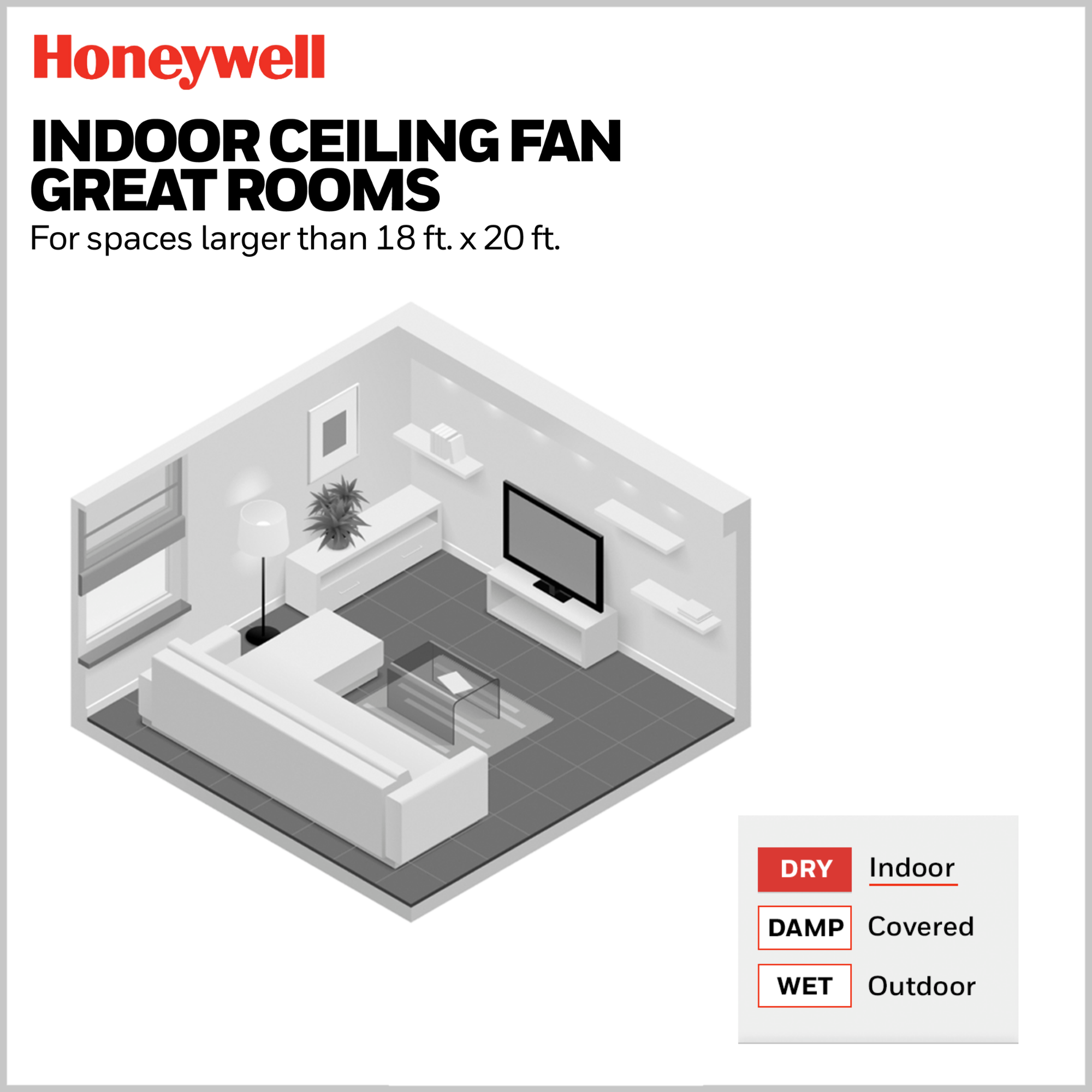 Honeywell Talbert 62 Inch Matte Black Ceiling Fan with Light Kit and Remote Control - Perfect for Living Room, Bedroom, and Outdoor Covered Patio