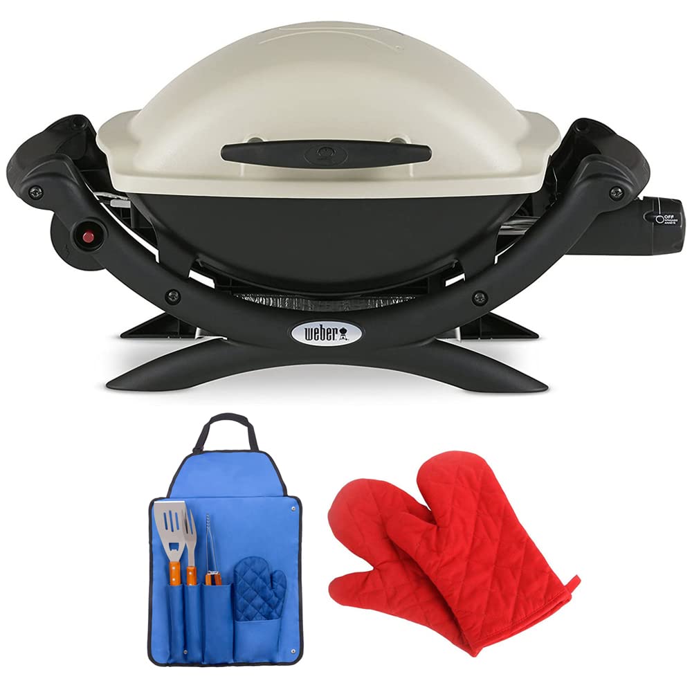 Weber Q 1000 Portable Gas Grill - Liquid Propane Titanium Bundle with 3-Piece BBQ Tool Set, Blue Apron, Spatula, Tongs, Fork & Red Oven Mitts | Perfect for Outdoor Cooking, Camping, Backyard BBQs & Tailgating Parties (Model E2WB50060001)