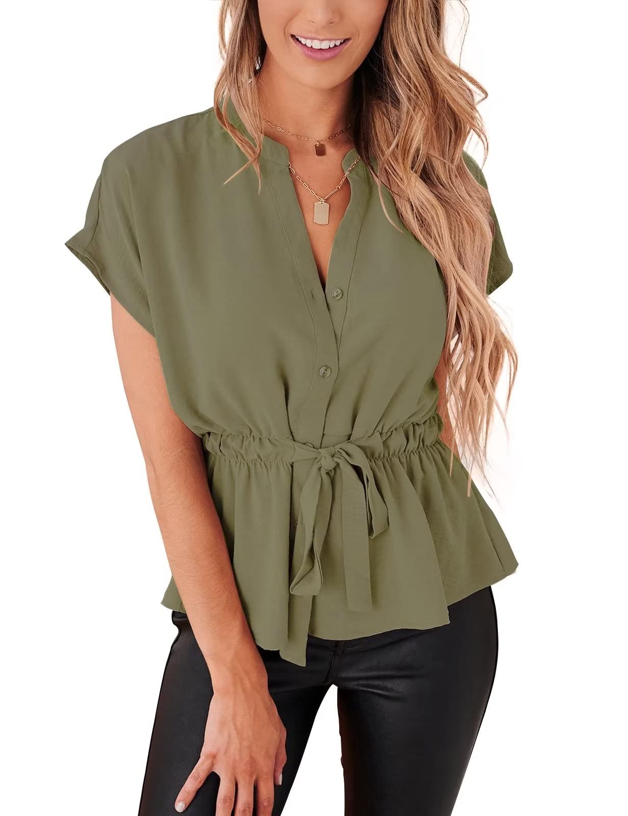 Women's Casual Peplum Button Down Blouse - Chiffon Summer Work Tops for Office & Dressy Occasions | Flowy Shirt for Business, Date Night & Professional Wear