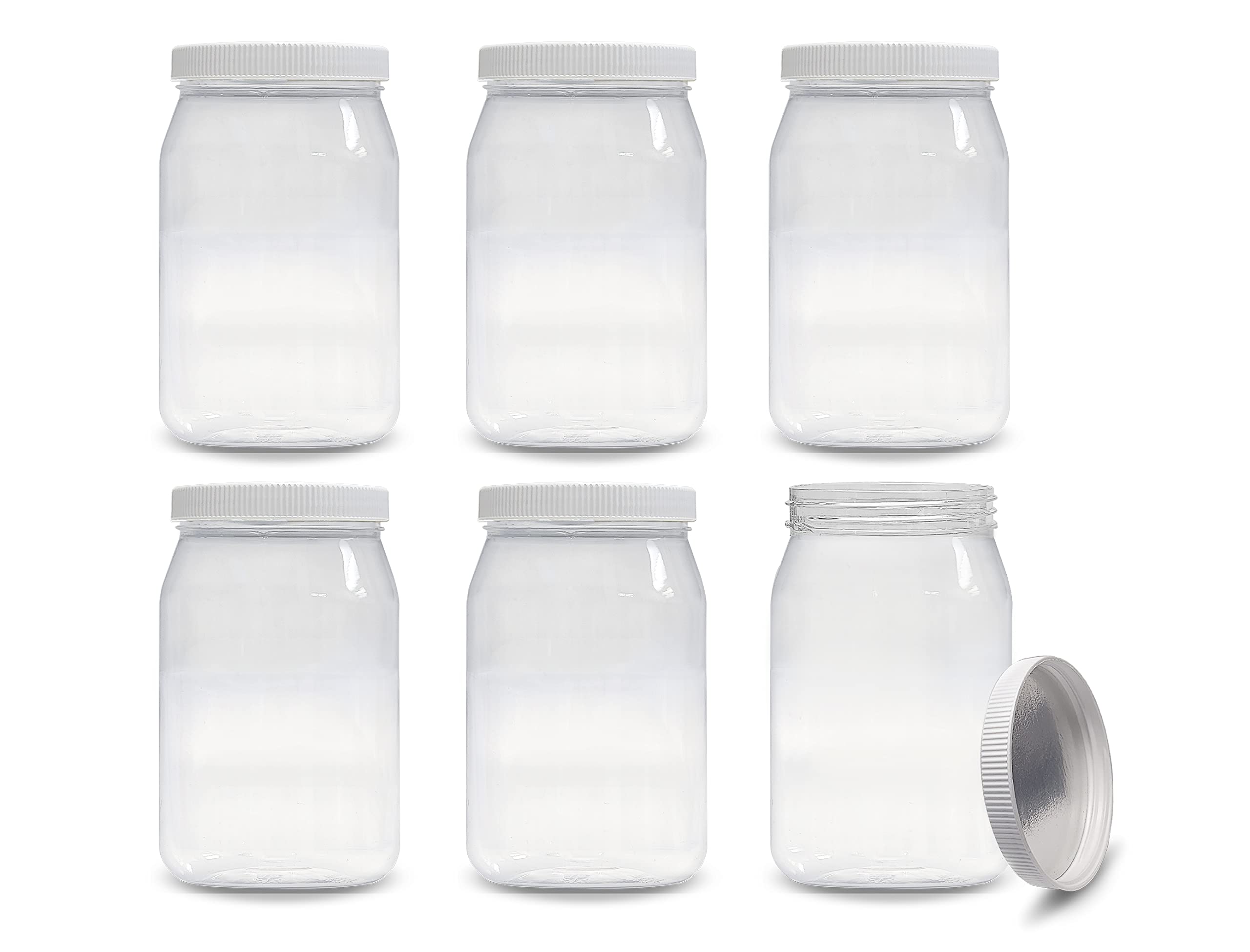 16 oz Clear Plastic Jars with Lids - BPA Free Food Safe Storage Containers | Wide Mouth PET Mason Jars (Pack of 6) | Made in USA | Perfect for Pantry Organization, Meal Prep & DIY Crafts