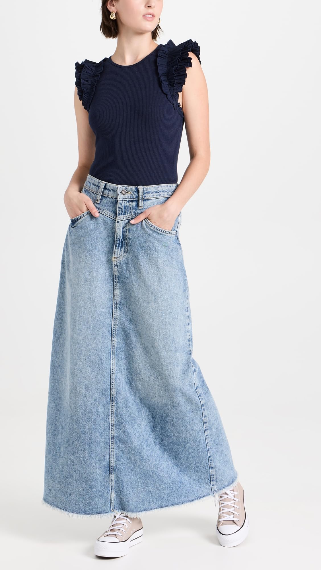 FP Movement Women's Come As You Are Denim Maxi Skirt - Boho Flowy Long Skirt for Casual Outings, Beach Vacations & Music Festivals