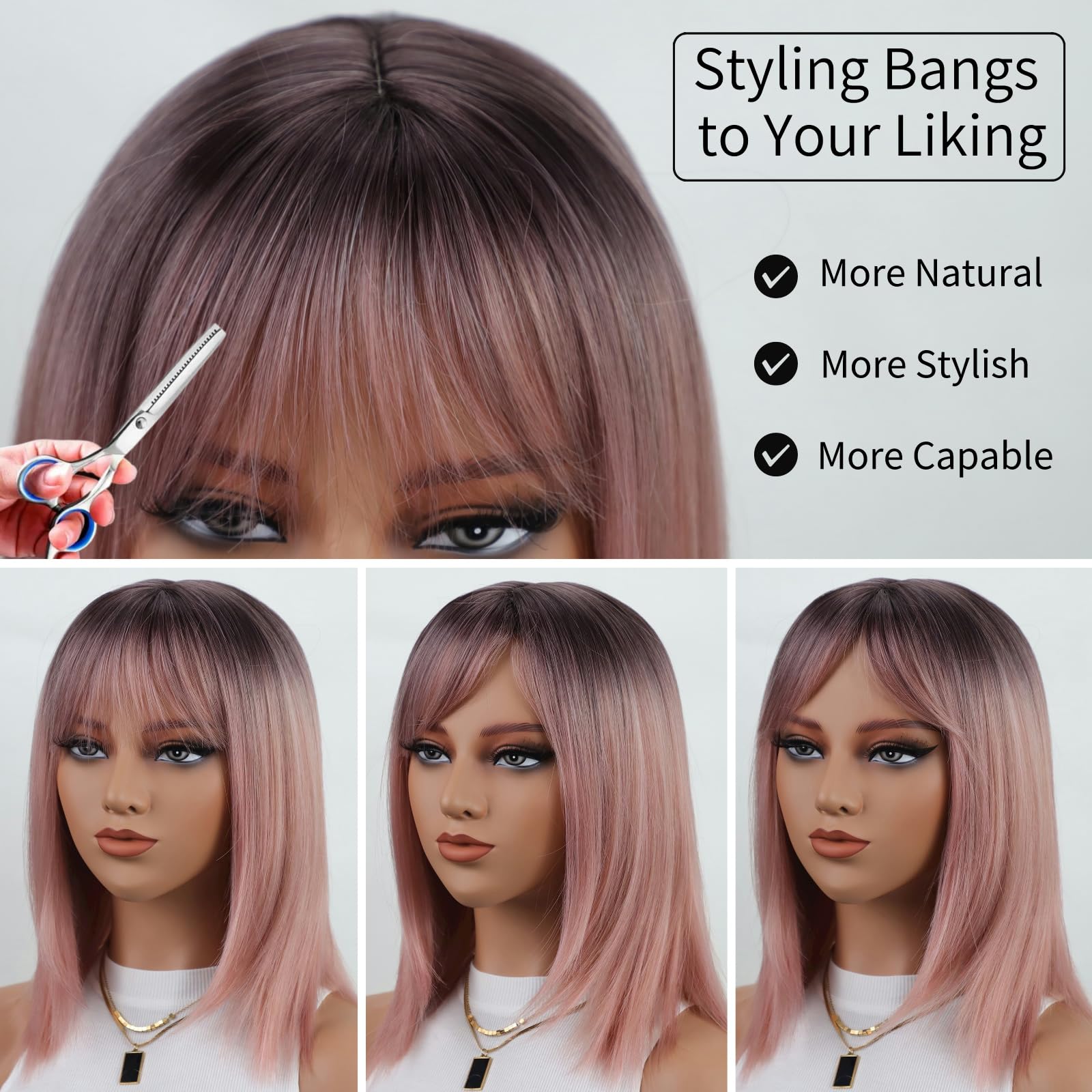 RENERSHOW Ombre Pink Layered Mid-Length Bob Wig with Bangs - Straight Synthetic Hairpiece for Women | Cosplay, Halloween, Costume Party, Daily Fashion