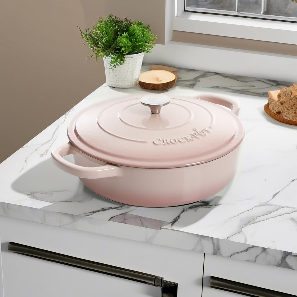 Crock Pot Artisan Enameled Cast Iron Braiser with Lid - 5-Quart Blush Pink Dutch Oven for Slow Cooking, Roasting & Baking - Perfect for Soups, Stews, Casseroles & Family Dinners