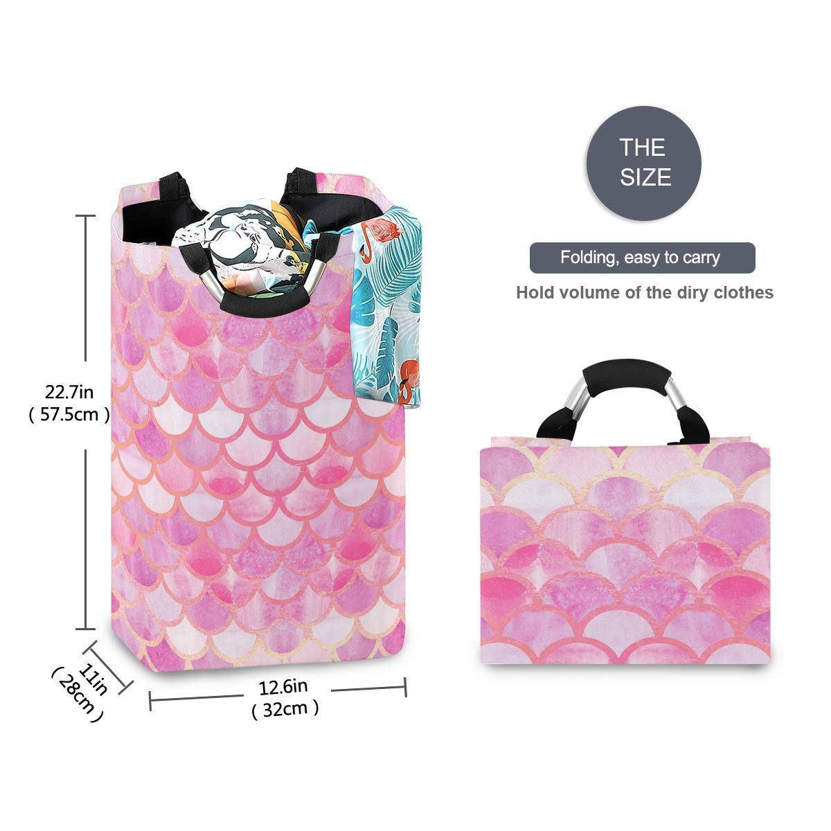 Blueangle Large Pink Mermaid Scales Laundry Basket - Collapsible Oxford Fabric Clothes Hamper with Handles, Foldable Storage Organizer for Bedroom, Bathroom, Laundry Room & Dorm