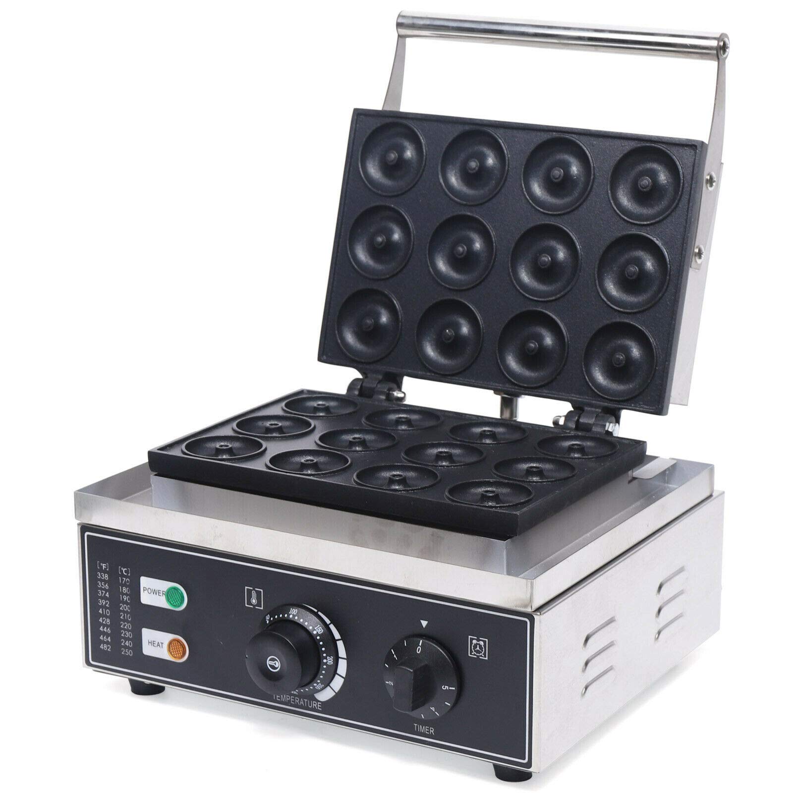 Commercial Waffle Donut Maker Machine 12 Holes 1500W 110V - Double-Sided Heating Electric Donut Maker with Adjustable Temperature 50-300℃ - Non-Stick Teflon Coating for Professional Kitchens, Bakeries & Dessert Shops - Perfect for Making Crispy Waffle Donuts, Churros & Pastries