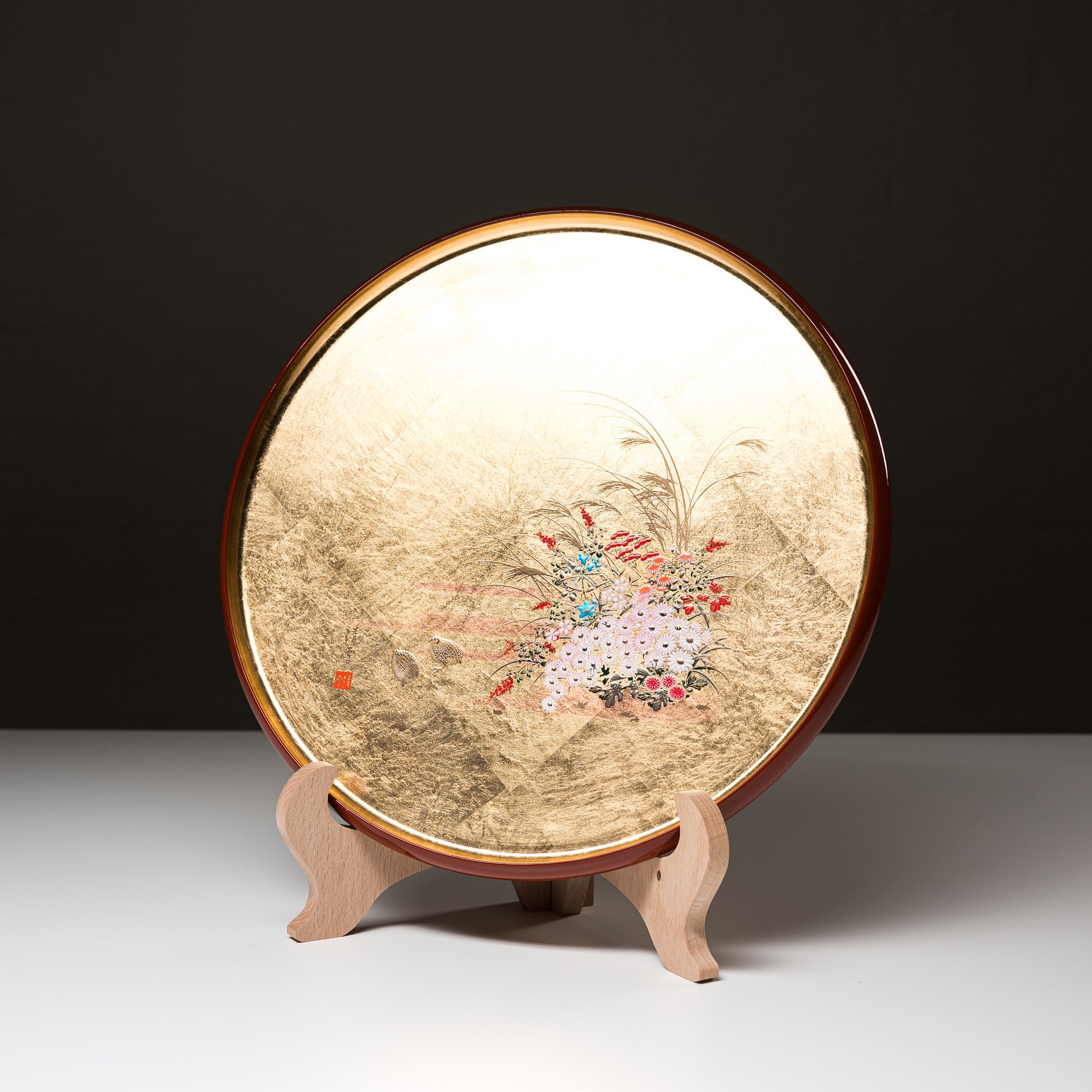 Handcrafted Modern Yamanaka Lacquerware Tray with Gold Flower Motif - 30cm Japanese Wooden Serving Tray for Tea Ceremony, Sushi Presentation & Home Decor