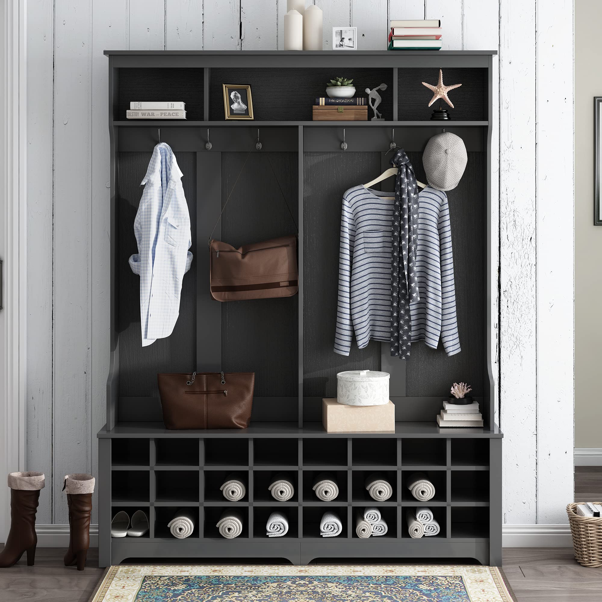 Large Entryway Coat Rack with Shoe Storage - 24-Cube Organizer, 6 Hooks & 3 Shelves - Hall Tree Bench for Shoes, Jackets & Bags - Perfect for Foyers, Mudrooms & Apartments (Black)