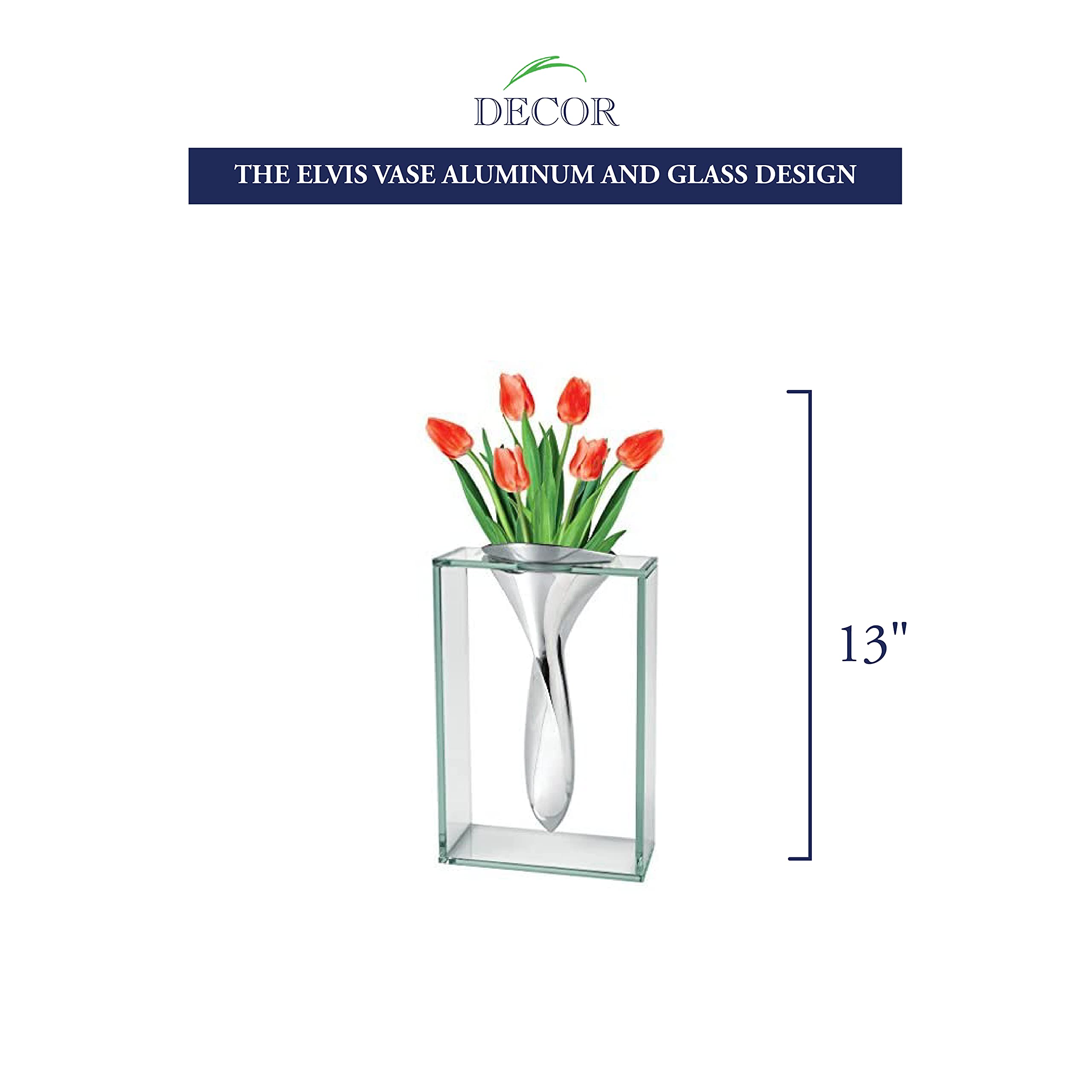 Badash The Elvis Glass Vase - 13 Inch Tall Clear Crystal Flower Vase for Home Decor, Wedding Centerpieces & Tabletop Display - Durable Aluminum and Glass Design - Perfect for Living Room, Dining Table & Office Decor