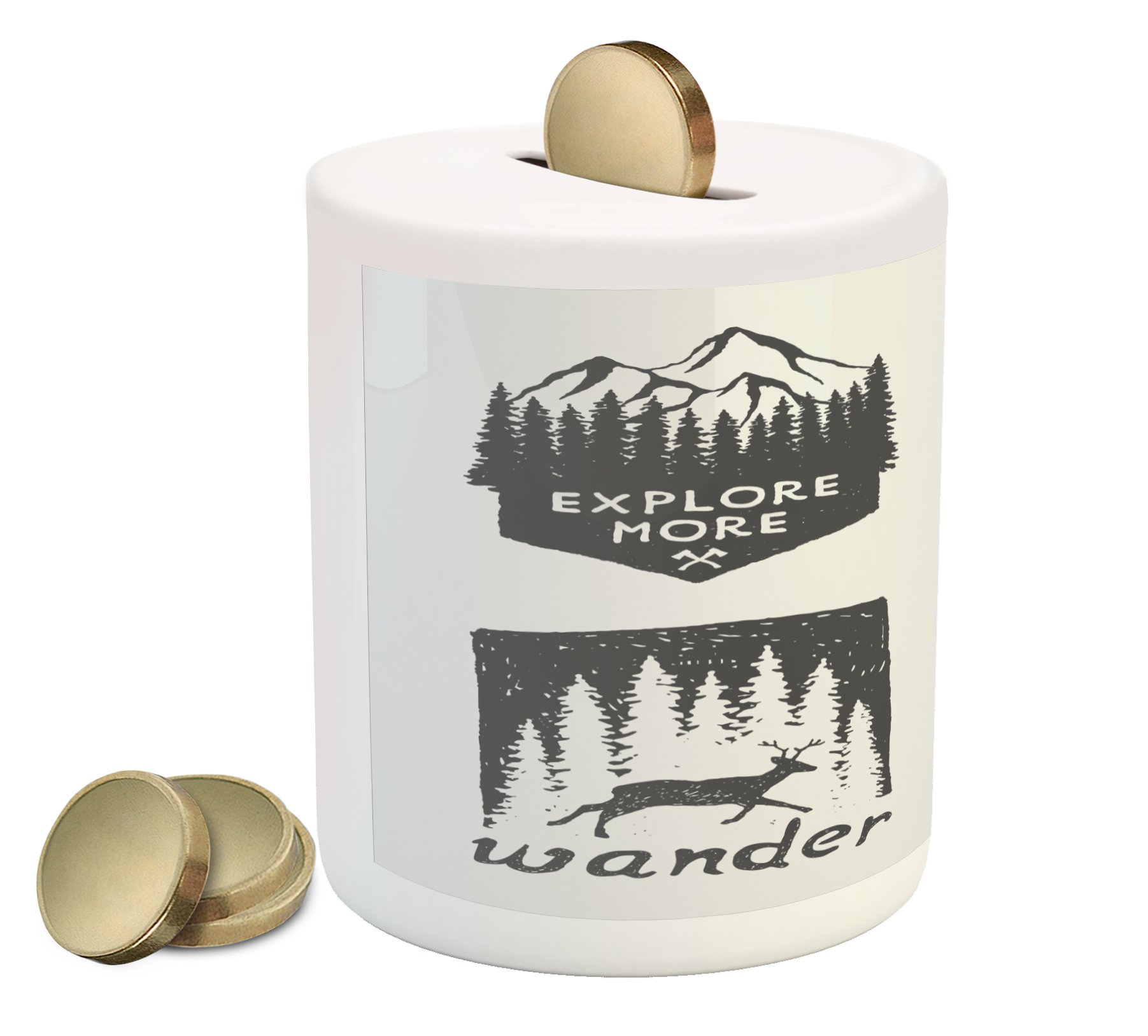 Ambesonne Ceramic Piggy Bank with Wilderness Emblems - Stay Wild Wander The World Design, Pine Wildlife Animals Printed Money Box for Cash Saving (Grey) - Perfect Gift for Nature Lovers & Coin Collectors
