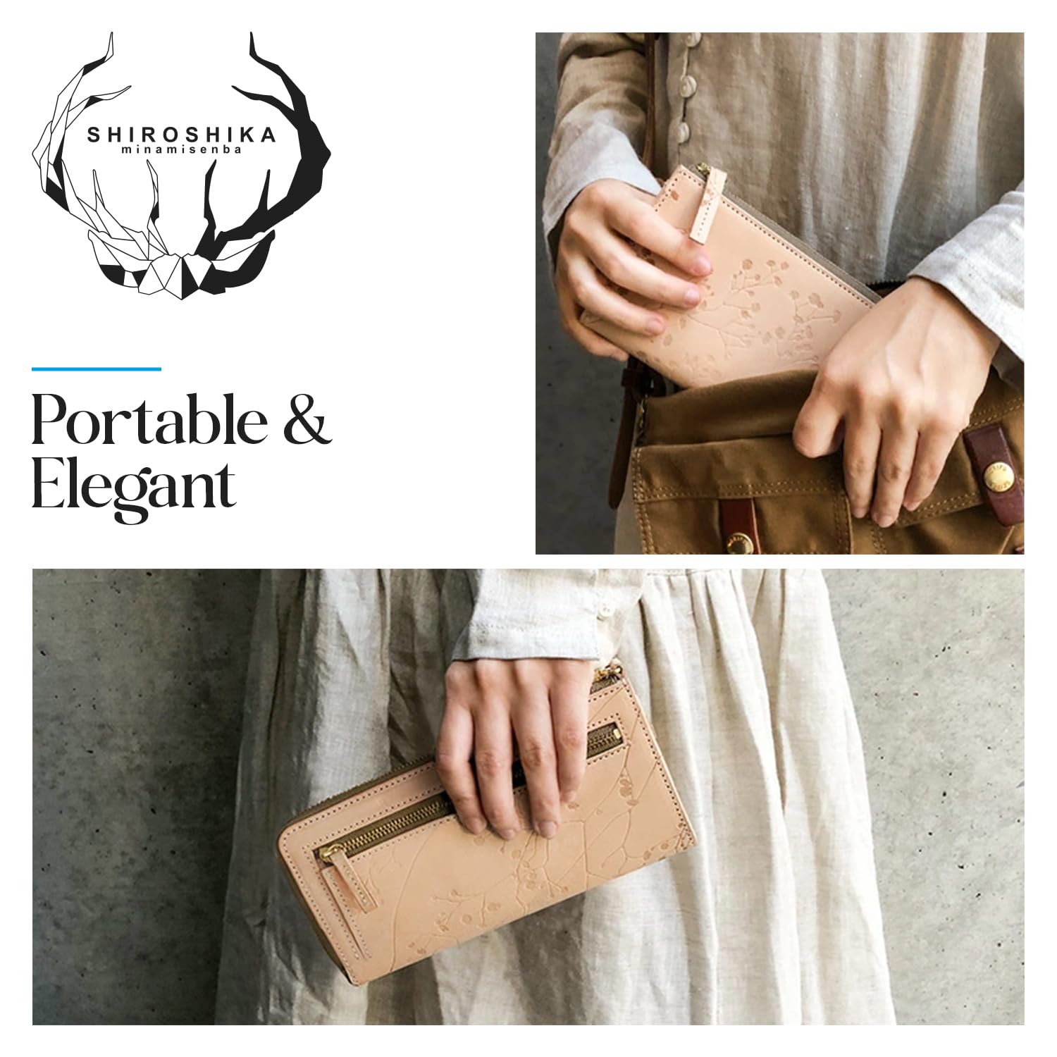 SHIROSHIKA SSA04 Genuine Tochigi Leather Women's Slim Bifold Wallet with L-Shaped Zipper - Elegant Floral Pattern in Pink & Beige | Made in Japan | Perfect for Everyday Use, Travel & Gift Giving