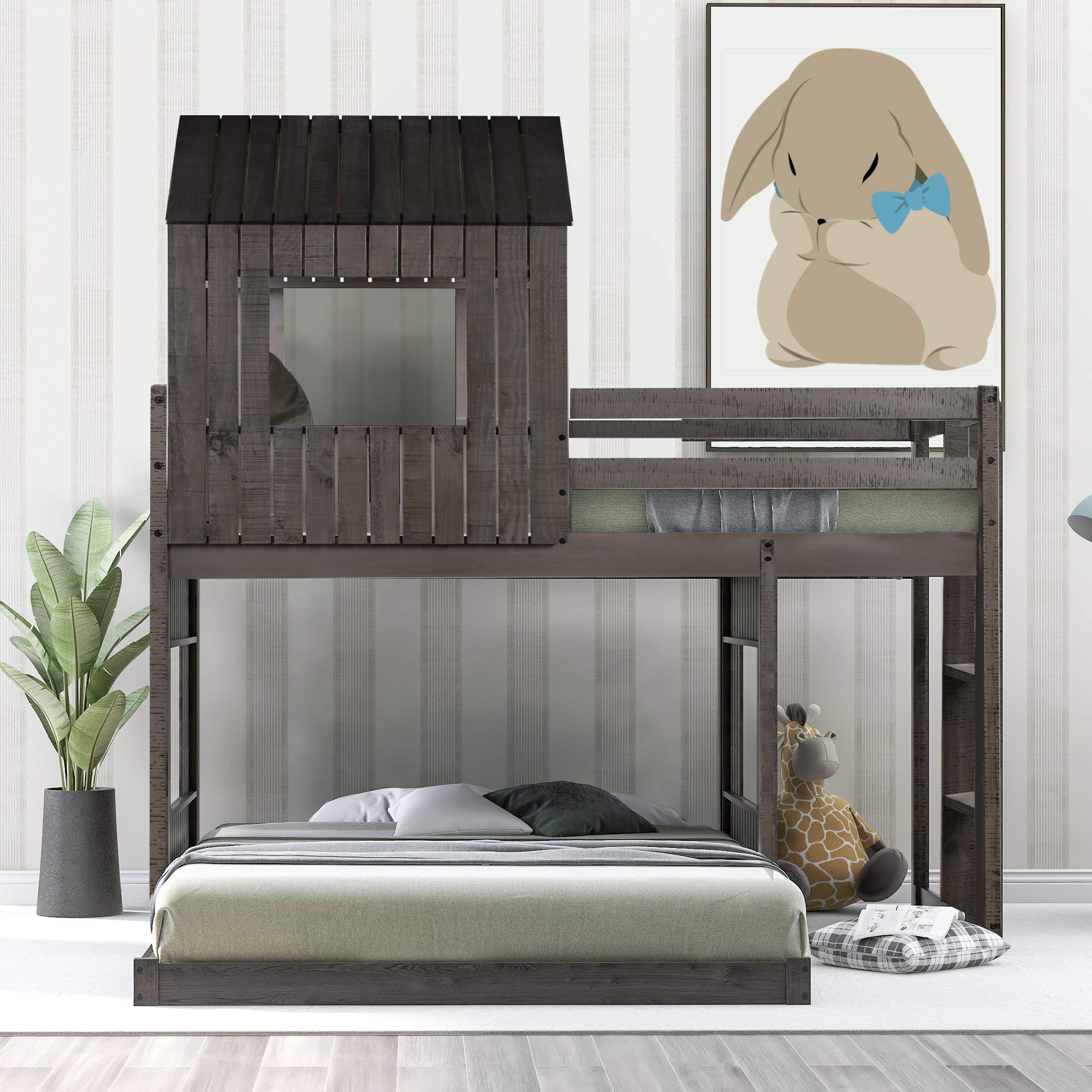 Kids Twin Over Full Bunk Bed with Playhouse - Solid Wood Loft Bed with Roof, Window & Safety Guardrail - No Box Spring Needed (Antique Gray) | Perfect for Small Bedrooms, Shared Kids Rooms & Play Areas
