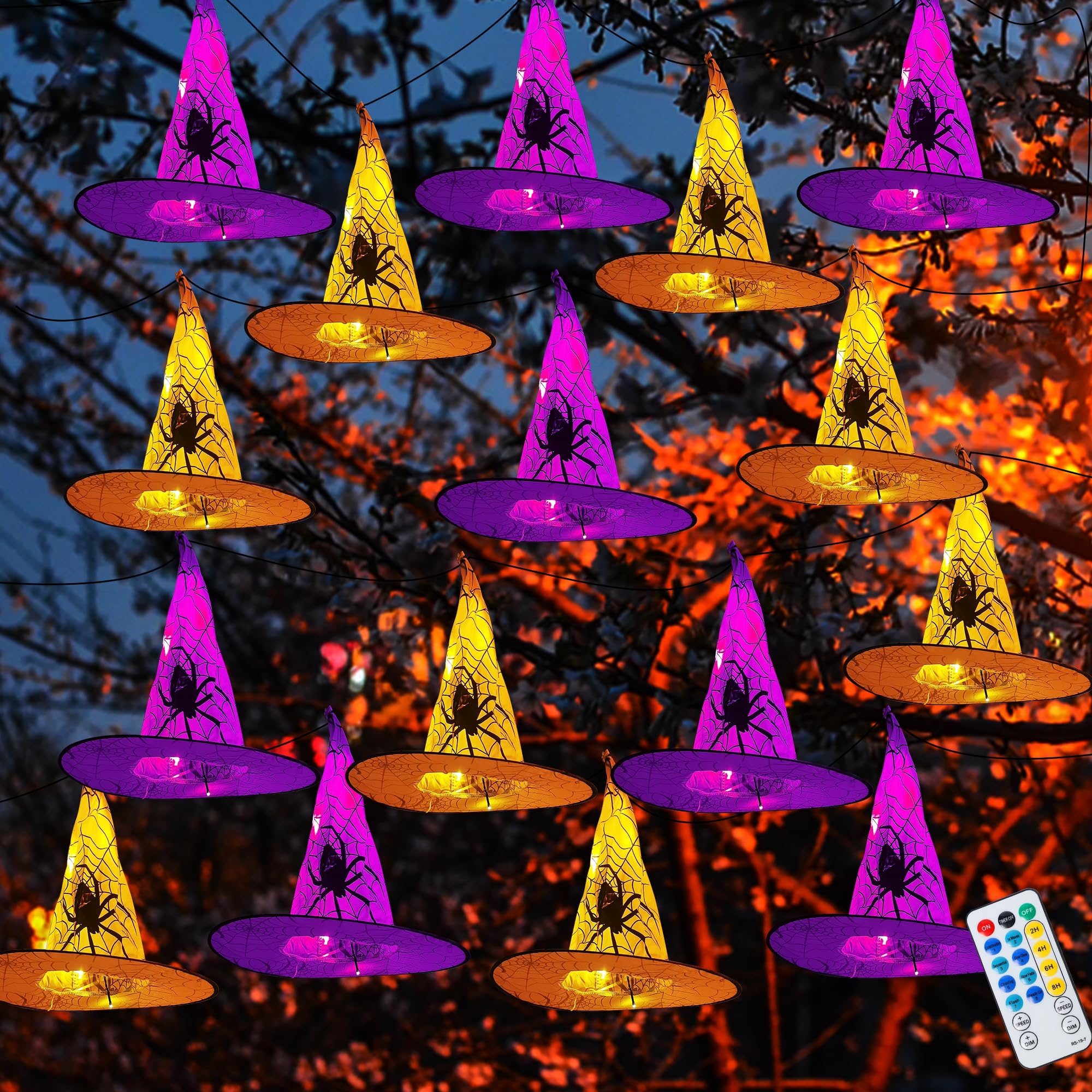 8 Pcs Halloween Witch Hat Decorations - Hanging Lighted Glowing Witch Hats with 8 Lighting Modes | Indoor Outdoor Yard & Tree Decor for Halloween Party, Home, Garden, and Porch