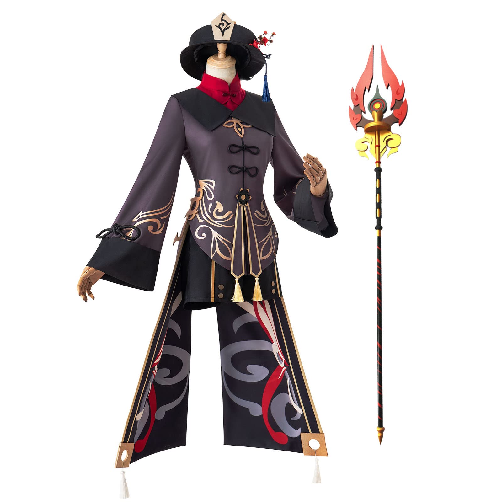 PANDAA Genshin Impact Hu Tao Cosplay Costume Set with 180cm Staff of Homa Detachable Spear - Complete Halloween Cosplay Outfit for Anime Conventions & Themed Parties