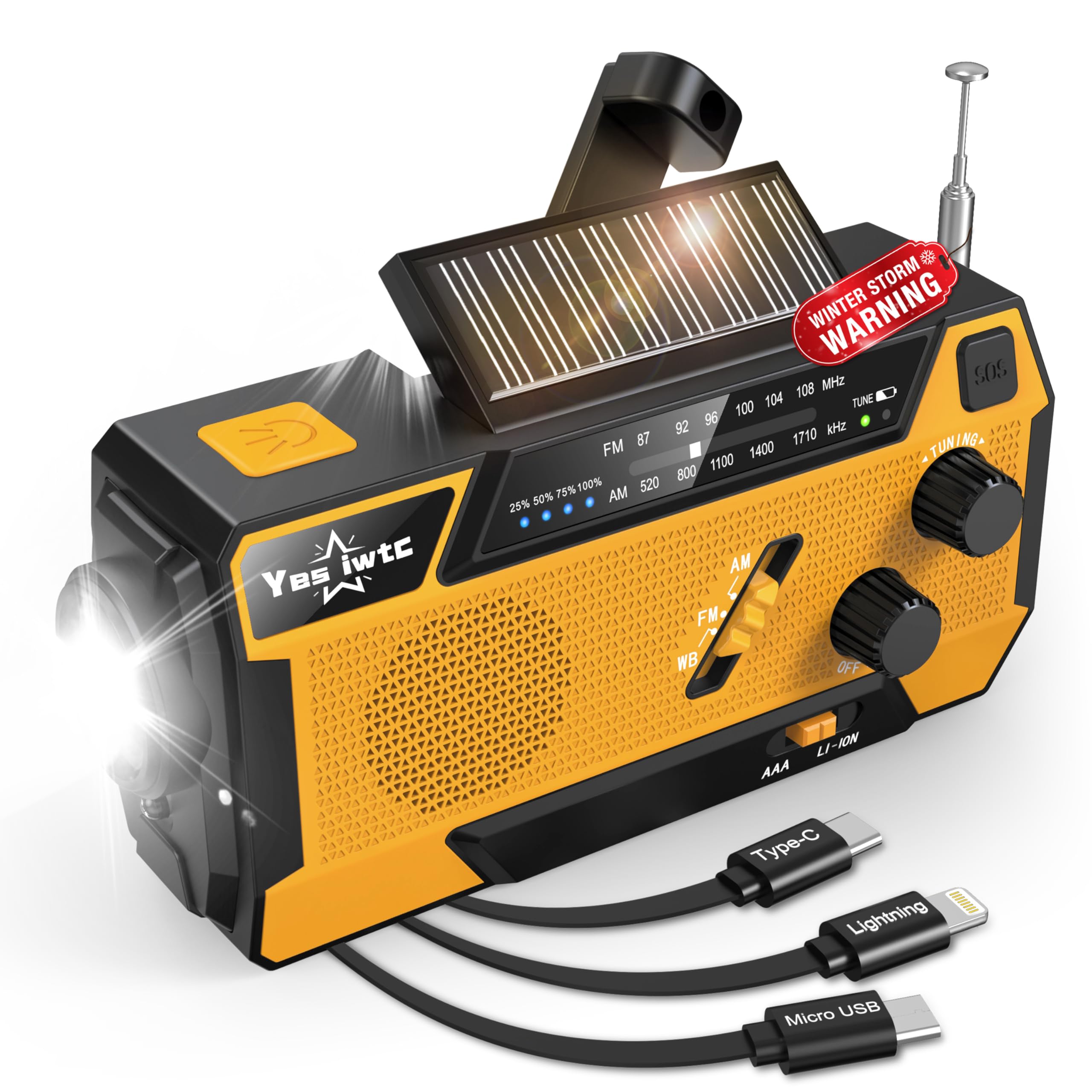 NOAA Weather Radio with Hand Crank & Solar Power - 7400mAh Emergency Portable Radio, AM/FM, 3-in-1 Charging Cable - Perfect for Winter Storms, Hurricanes & Outdoor Survival Gear