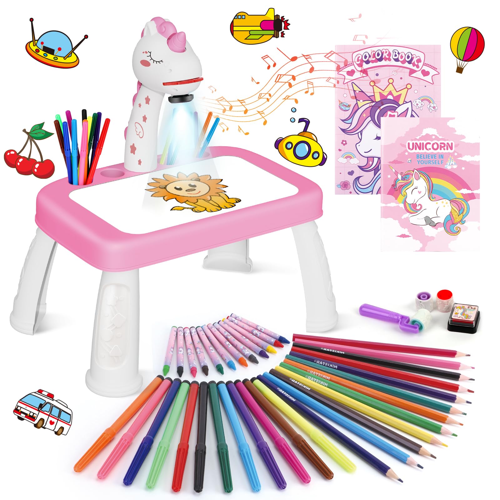 Unicorn Drawing Projector Table Set for Kids - Pink Doodle Art Kit with Tracing Projector & Painting Supplies | Creative Toddler Activity for Birthday Gifts & Home Learning