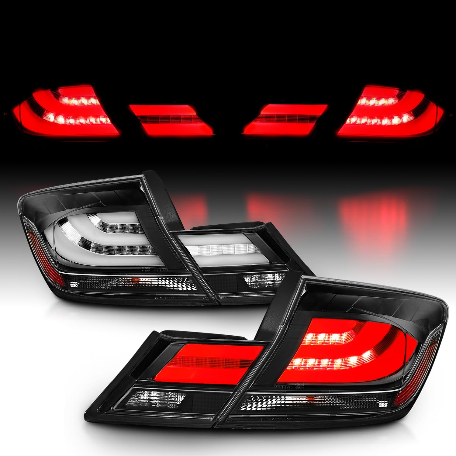 AmeriLite Black LED Bar Replacement Brake Tail Lights Set for 2013-2015 Honda Civic Sedan (4 Door) - Left & Right Side - Enhanced Visibility & Style for Night Driving