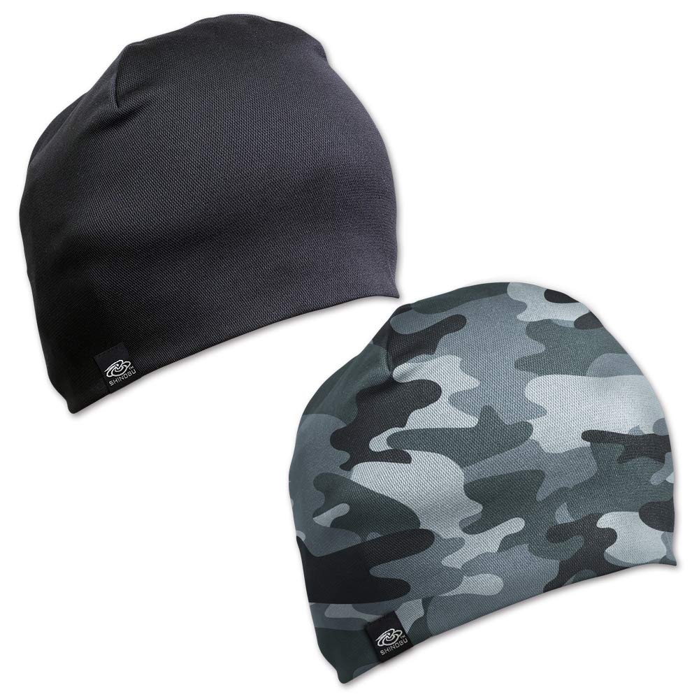 Shinobu Riders 2-Pack Coolmax Quick Drying Helmet Liner Skull Cap (Knit Beanie Style) - Black & Camouflage SR-118 | Moisture Wicking Cycling & Motorcycle Under Helmet Accessories for Men & Women
