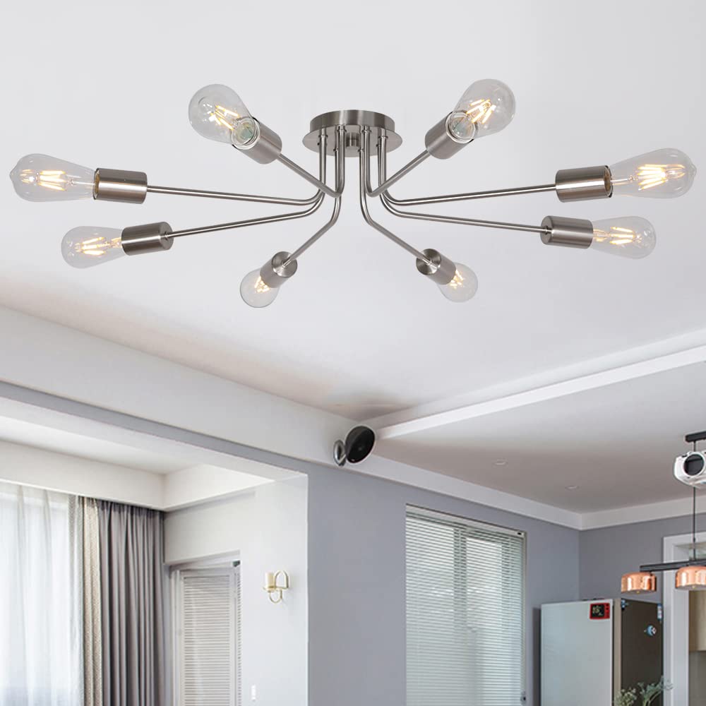 Mid Century Modern 8-Light Chandelier - Brushed Nickel Semi-Flush Mount Ceiling Light Fixture for Kitchen, Dining Room & Living Room | Elegant Lighting for Home Decor
