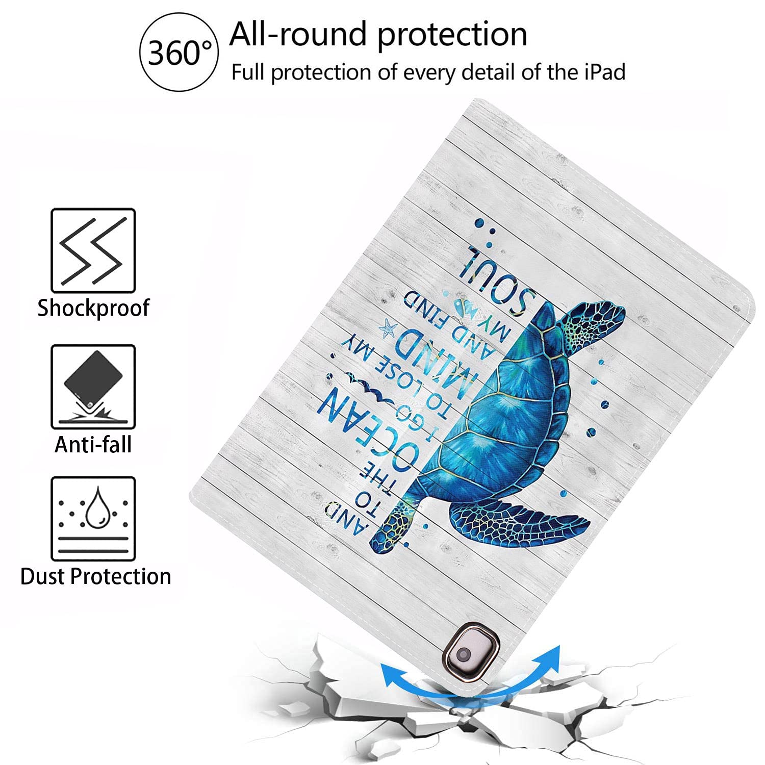 Premium Protective Case for iPad 9.7 (2017/2018), iPad Air 1/2 & iPad 6th/5th Gen - Auto Wake/Sleep Smart Cover with Adjustable Stand | Funny Rustic Wooden Design Featuring Blue Sea Turtle | Includes Bonus Coasters | Perfect for Work, Travel & Home Use