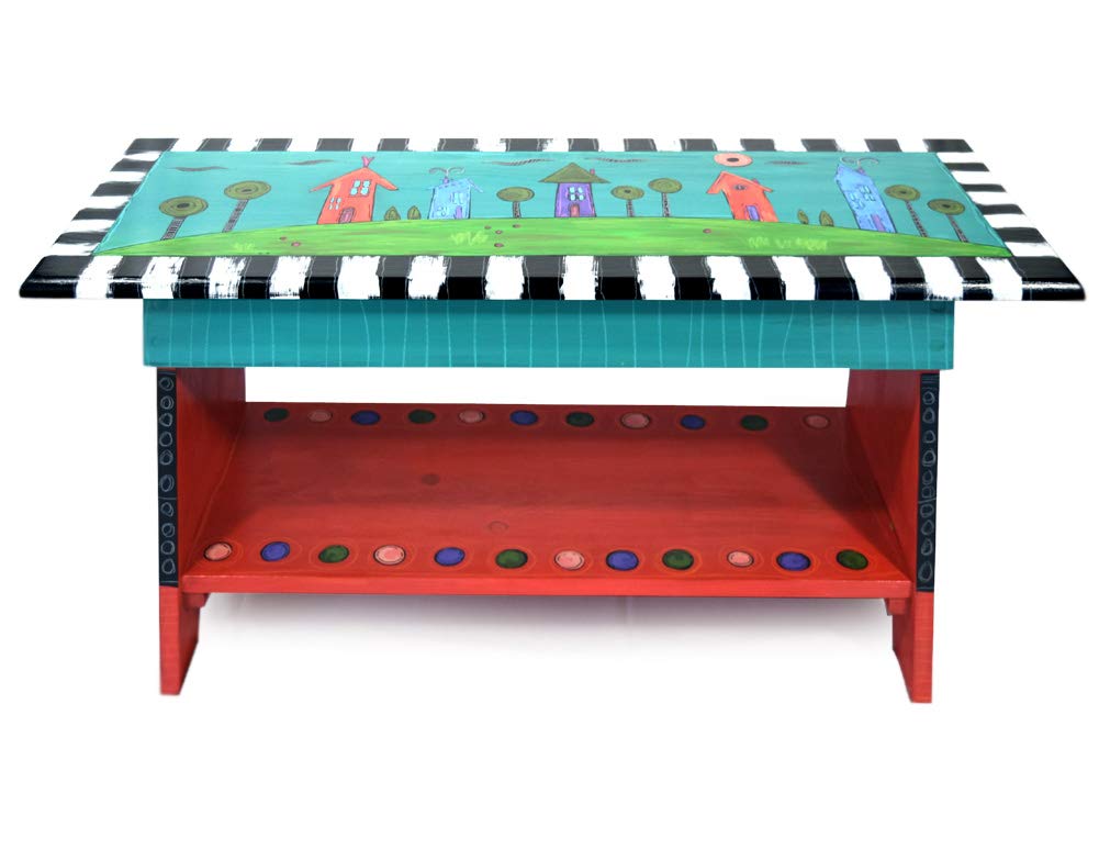 Happy Home 35 Inch Hand-Painted Teal Wood Bench - American Made, Rustic Entryway Seating, Farmhouse Style Hallway Decor