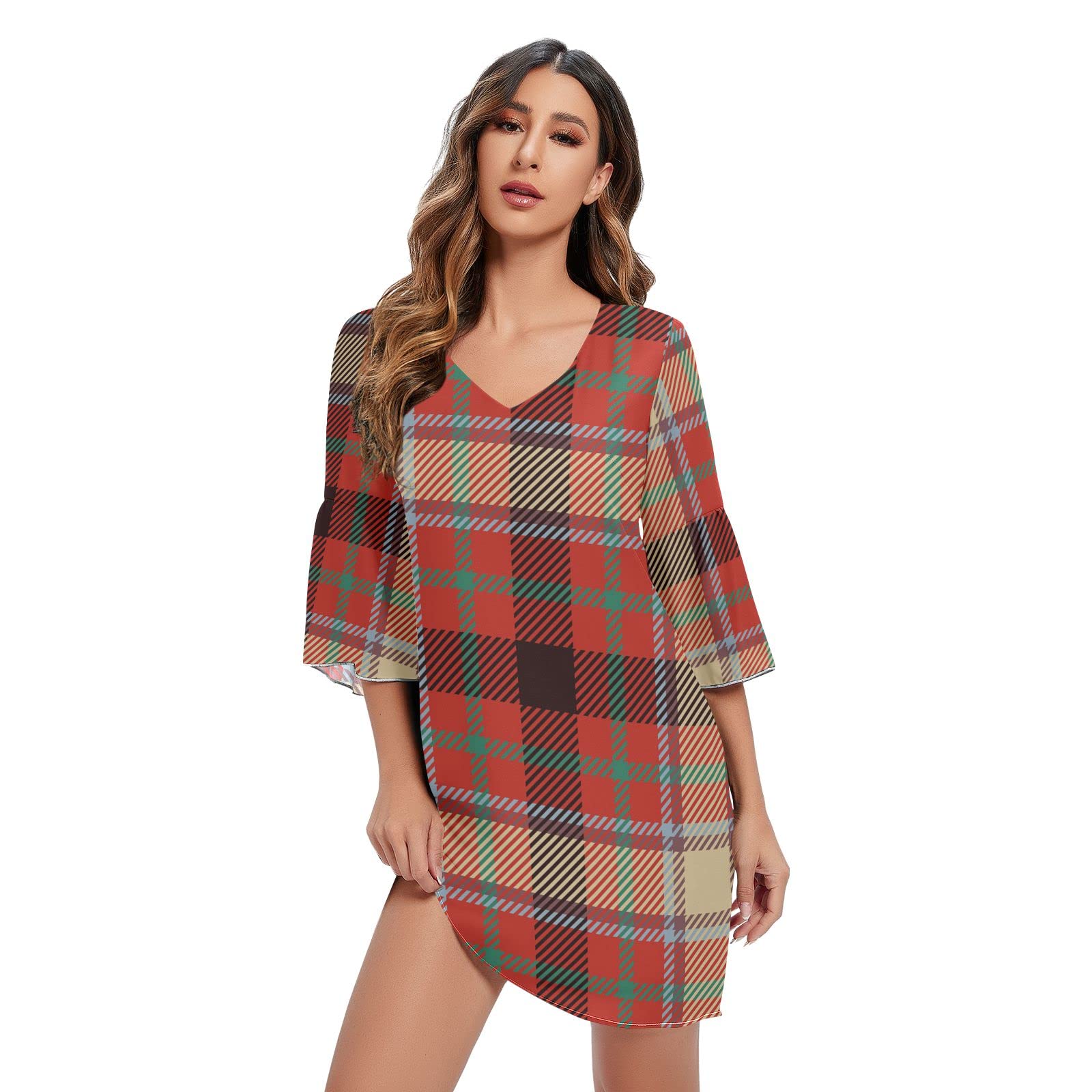 Red and Black Buffalo Check Plaid Women's Short Sleeve V-Neck Ruffle Sundress - Chiffon Summer Dress Size S (20405713) | Perfect for Beach Vacations, Picnics, and Casual Outings