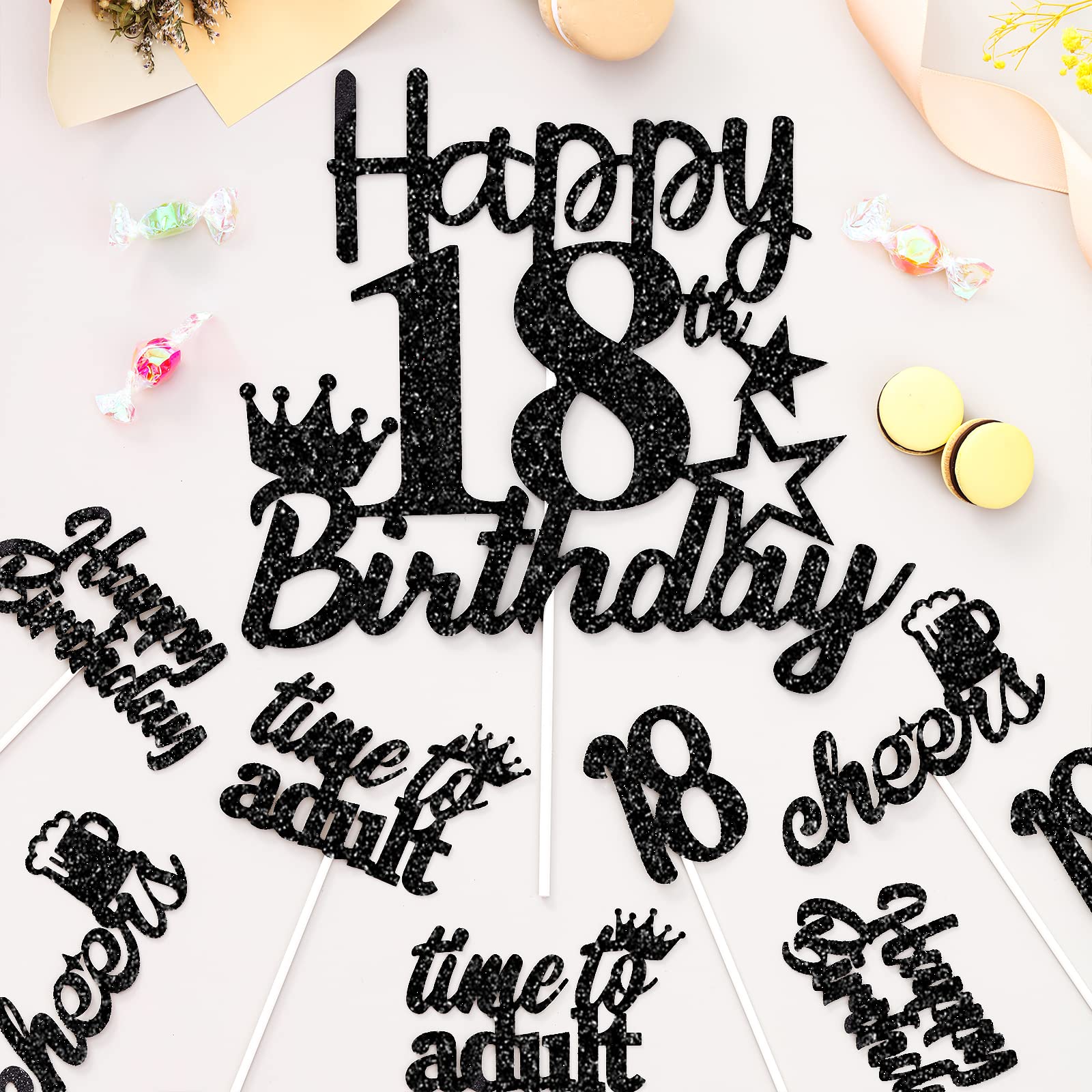 Happy 18th Birthday Cake Toppers - 25 Pack Black Cake Picks & Sticks - Cheers to 18 Years Party Decorations for Boys - Eighteen Years Old Birthday Party Supplies - Perfect for Milestone Celebrations & Sweet 16 Upgrades