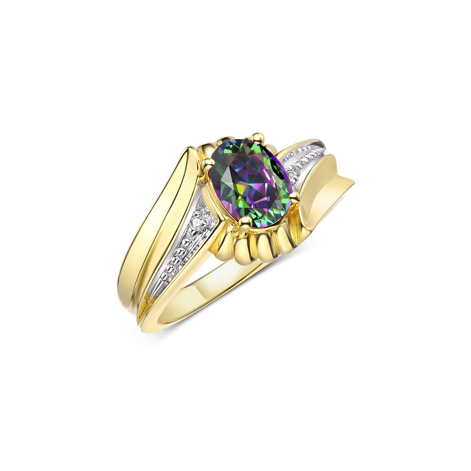 RYLOS 14K Gold Plated Sterling Silver Swirl Z Ring with 7X5MM Oval Gemstone & Genuine Diamond - Women's Birthstone Jewelry in Sizes 5-10 | Elegant Gift for Anniversary, Birthday, Valentine's Day & Everyday Wear
