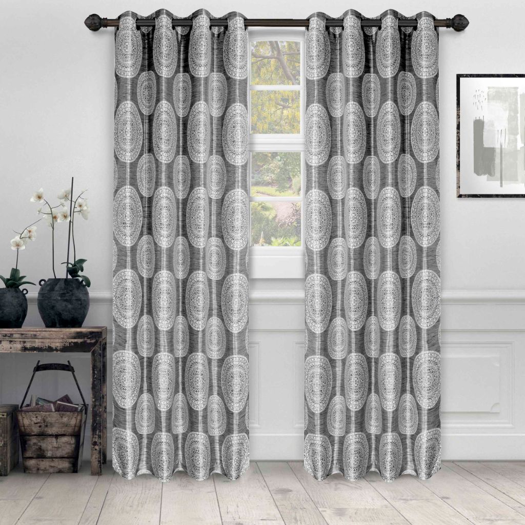 Elegant Jacquard Grommet Curtain Panels with Floral Medallion Design - Set of 2 for Living Room & Bedroom Window Decor