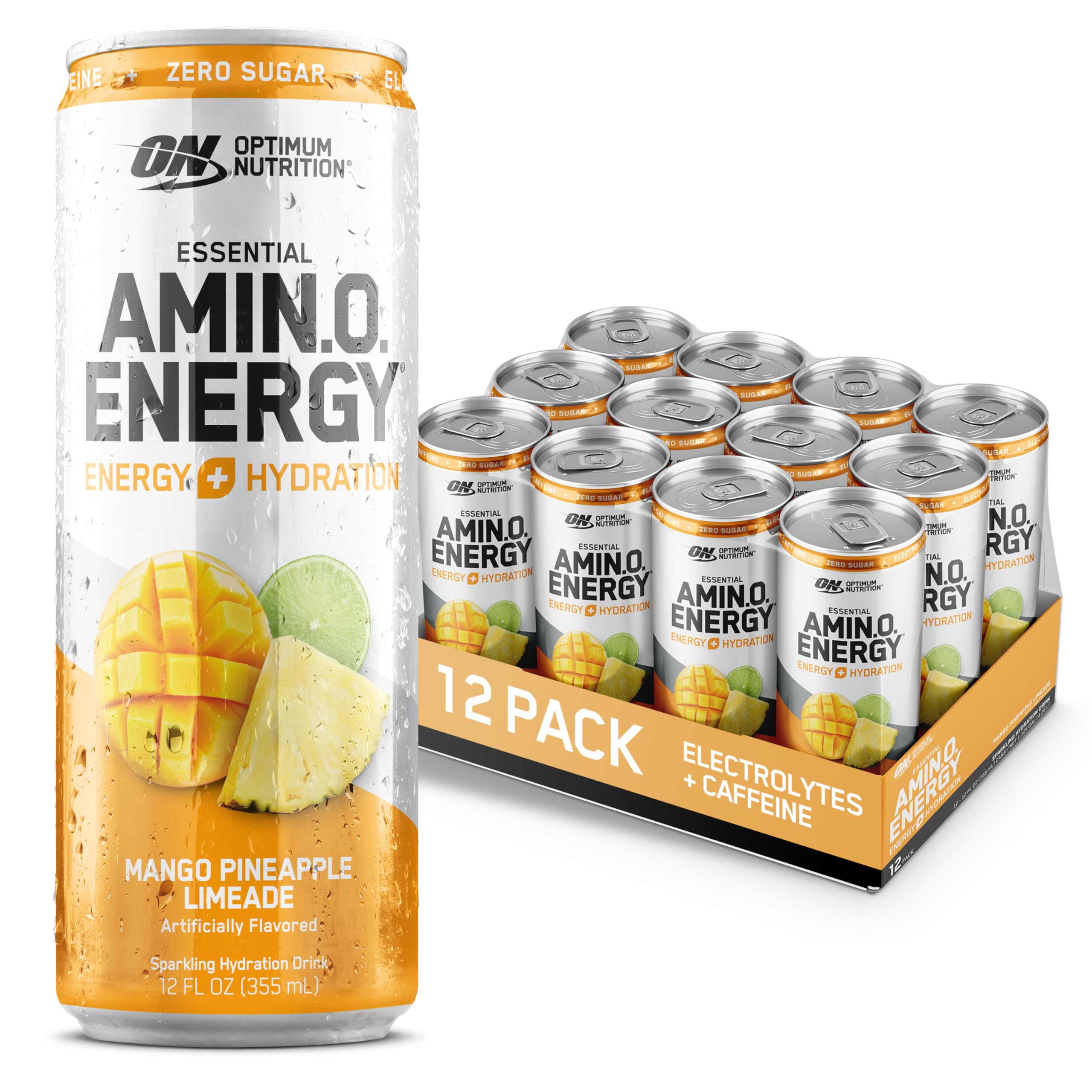 Optimum Nutrition Amino Energy Sparkling Hydration Drink with Electrolytes, Caffeine & BCAAs - Sugar Free Mango Pineapple Limeade Flavor, 12 Fl Oz (12 Pack) - Perfect for Workouts, Recovery & Energy Boost