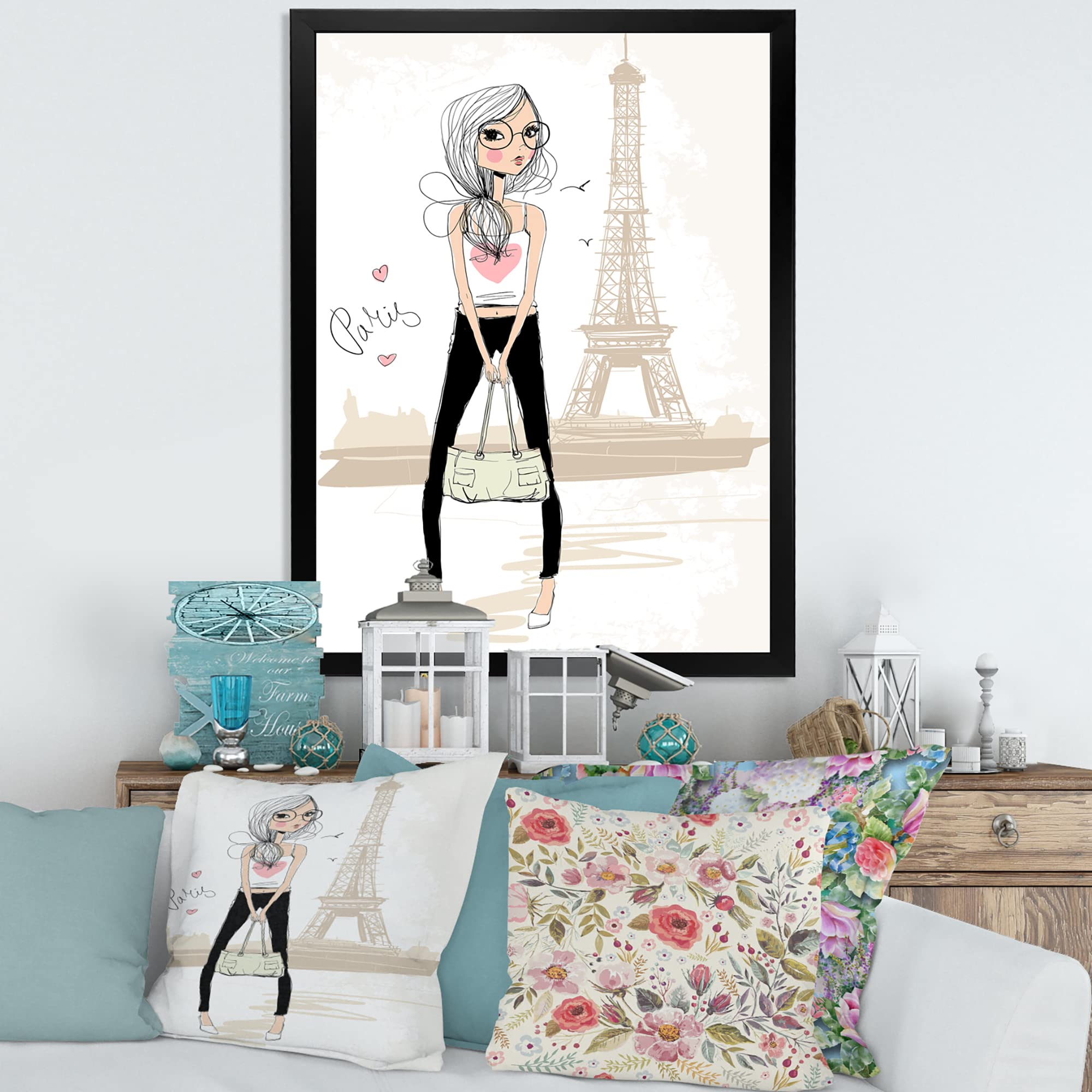 DesignQ Cute Girl at Eiffel Tower Paris - Children's Art Framed Wall Decor for Nursery, Bedroom & Playroom - French Themed Kids Room Artwork