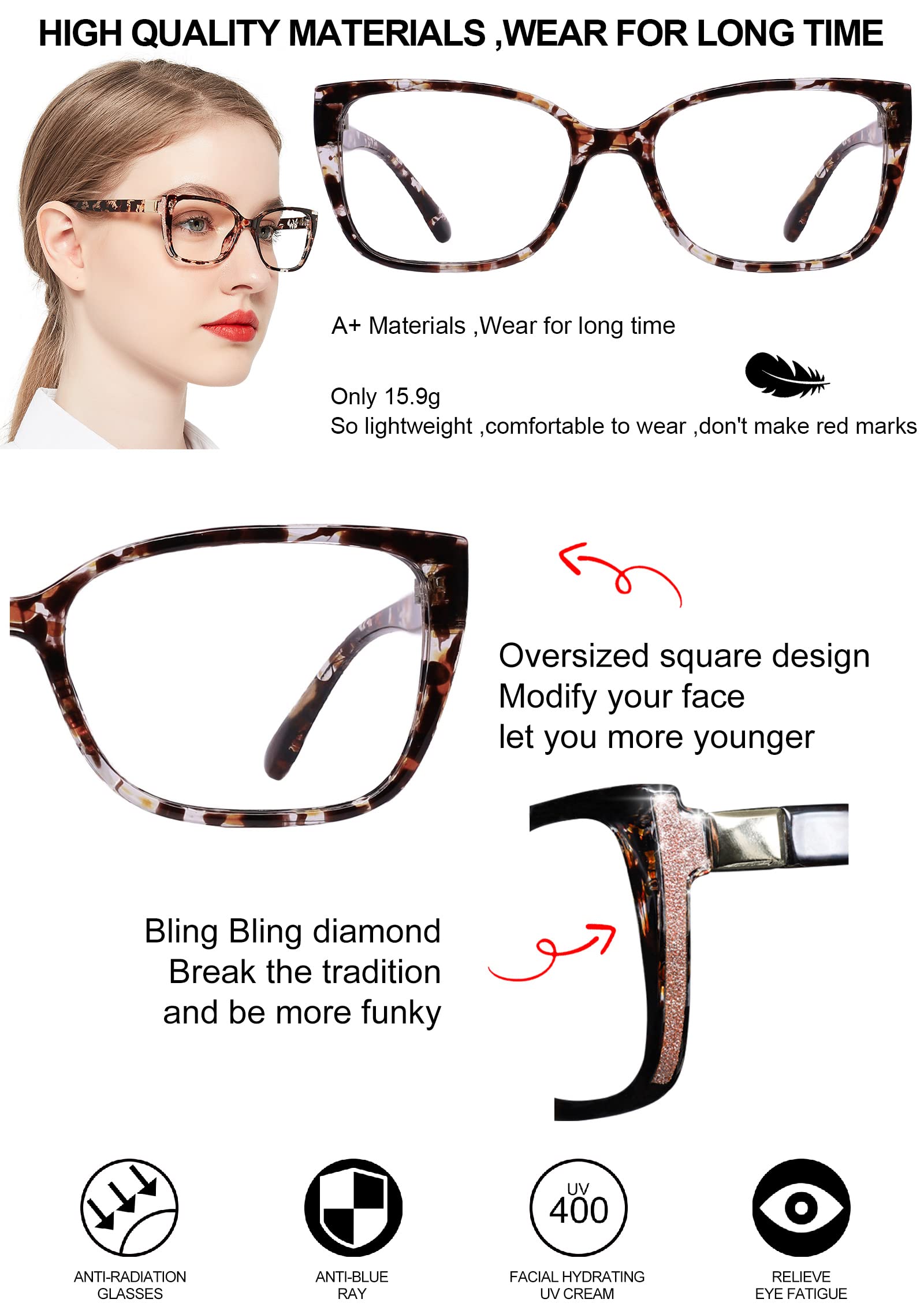 Blue Light Blocking Reading Glasses for Women - OCCI CHIARI Large Frame Computer Glasses with Anti-Glare Lenses - Perfect for Office Work, Screen Time & Night Reading