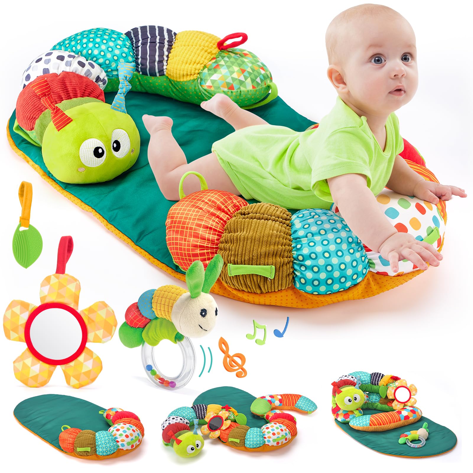 3-in-1 Caterpillar Baby Activity Playmat - Tummy Time & Seated Support Toy for Newborns 0-6 Months | Sensory Developmental Toys for Infants | Perfect Baby Shower Gift & Birthday Present for Boys & Girls | Great for Nursery Playtime & Early Learning Activities
